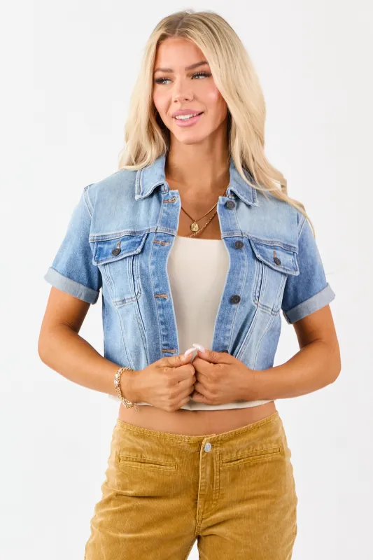 Hidden Medium Wash Short Sleeve Cropped Denim Jacket sold by Lime Lush