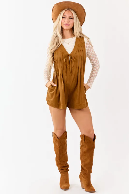 Copper Faux Suede Pintuck Deep V Front Tie Romper sold by Lime Lush