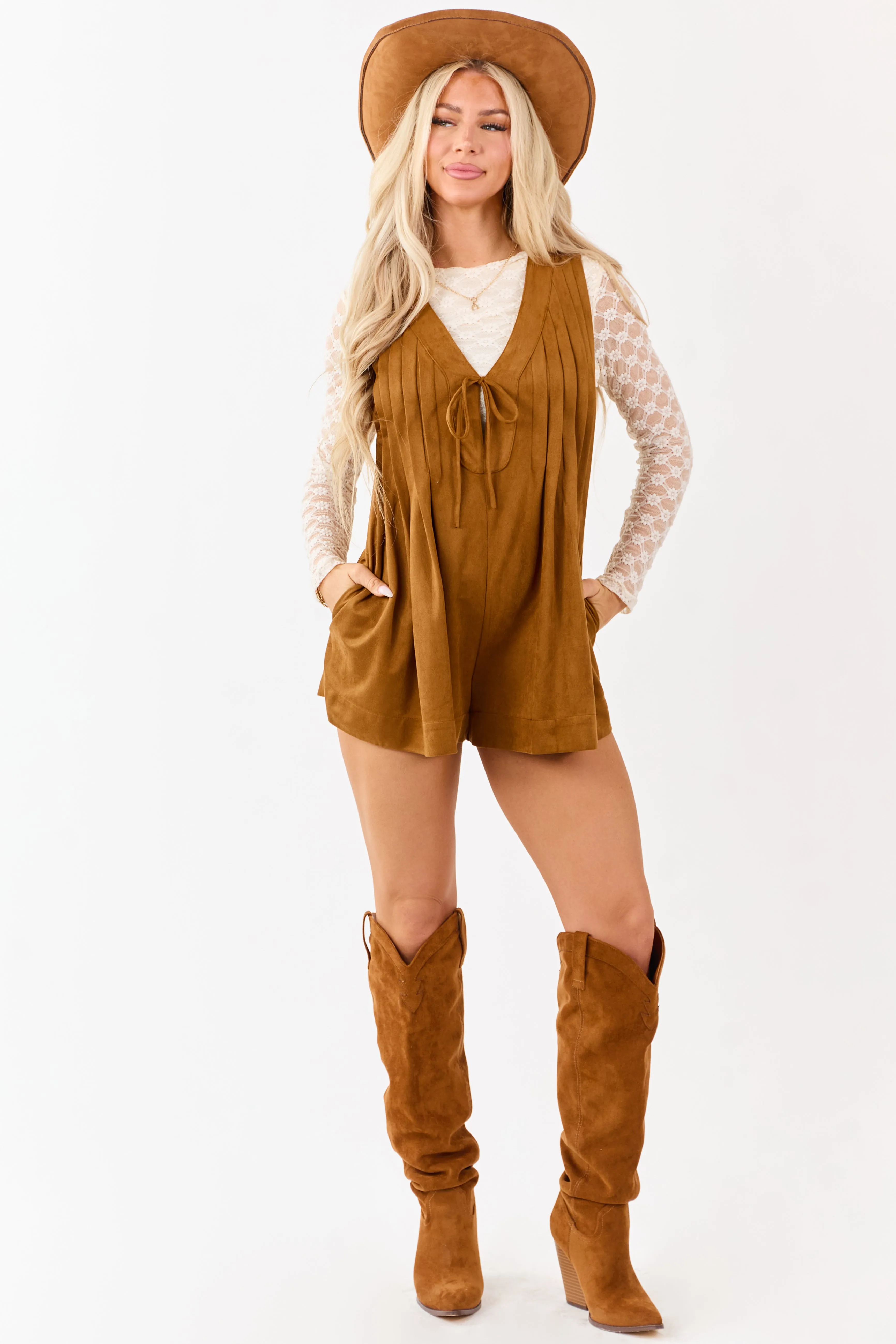 Copper Faux Suede Pintuck Deep V Front Tie Romper sold by Lime Lush