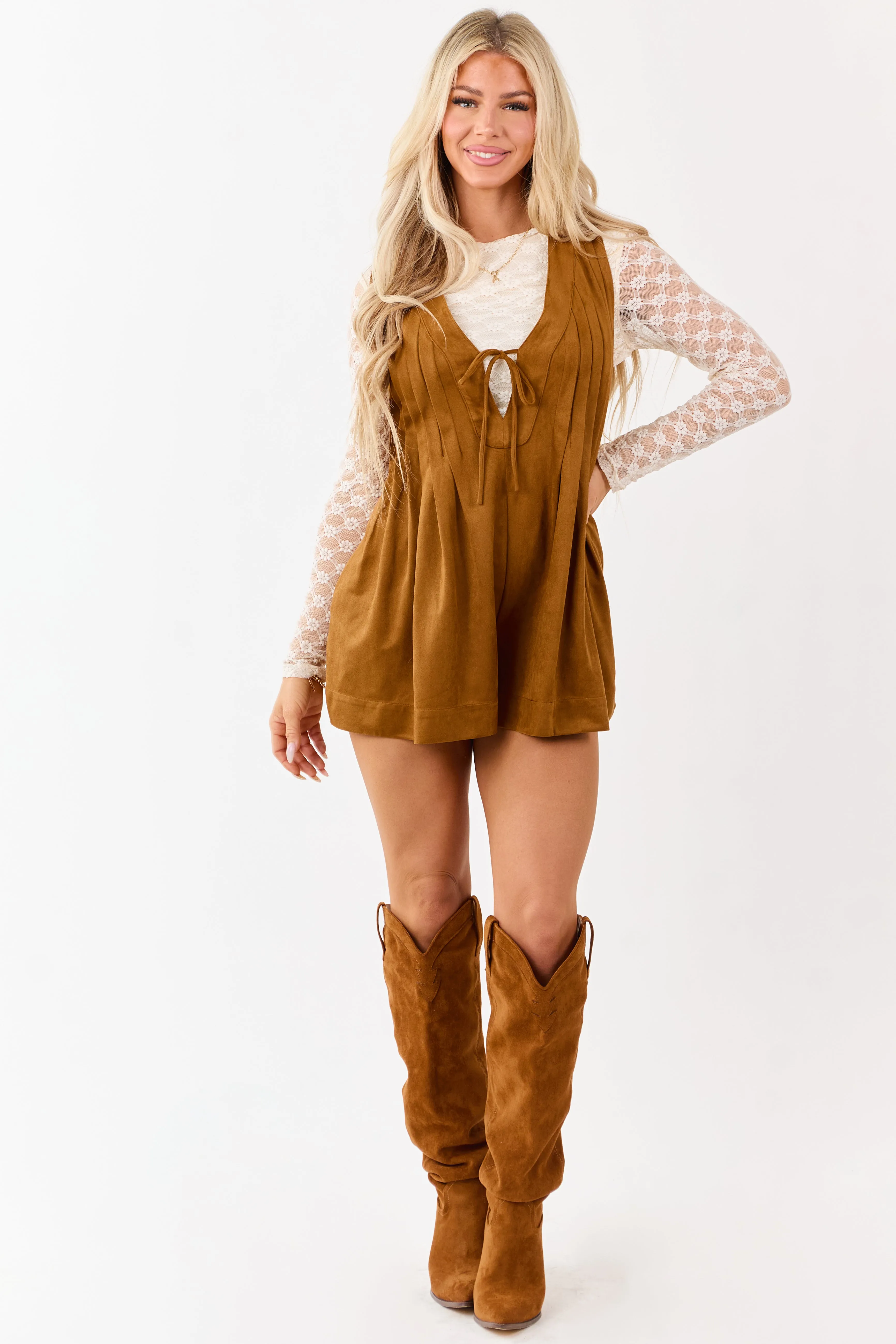 Copper Faux Suede Pintuck Deep V Front Tie Romper sold by Lime Lush product image thumbnail 2