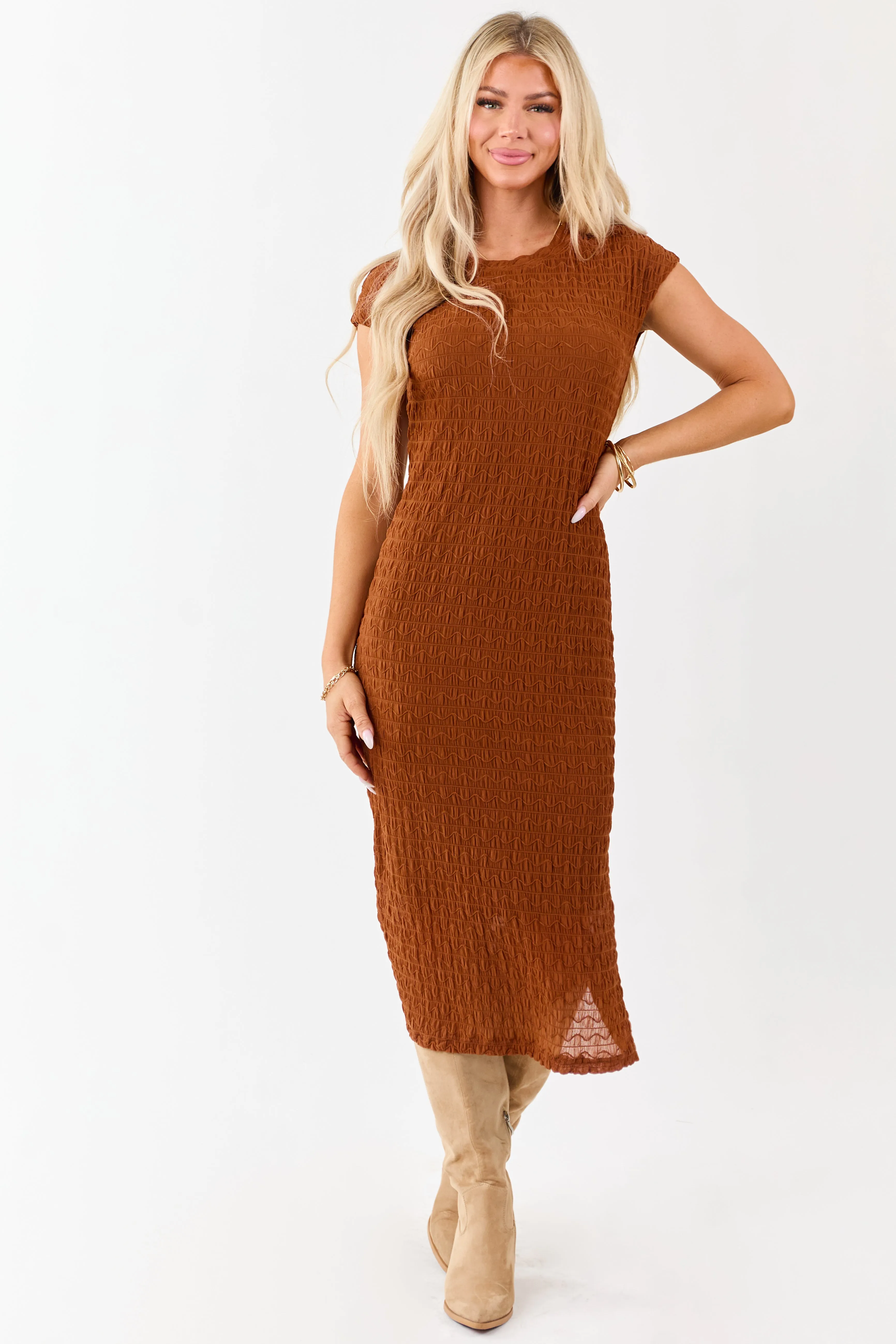 Spice Wavy Textured Mesh Cap Sleeve Midi Dress sold by Lime Lush