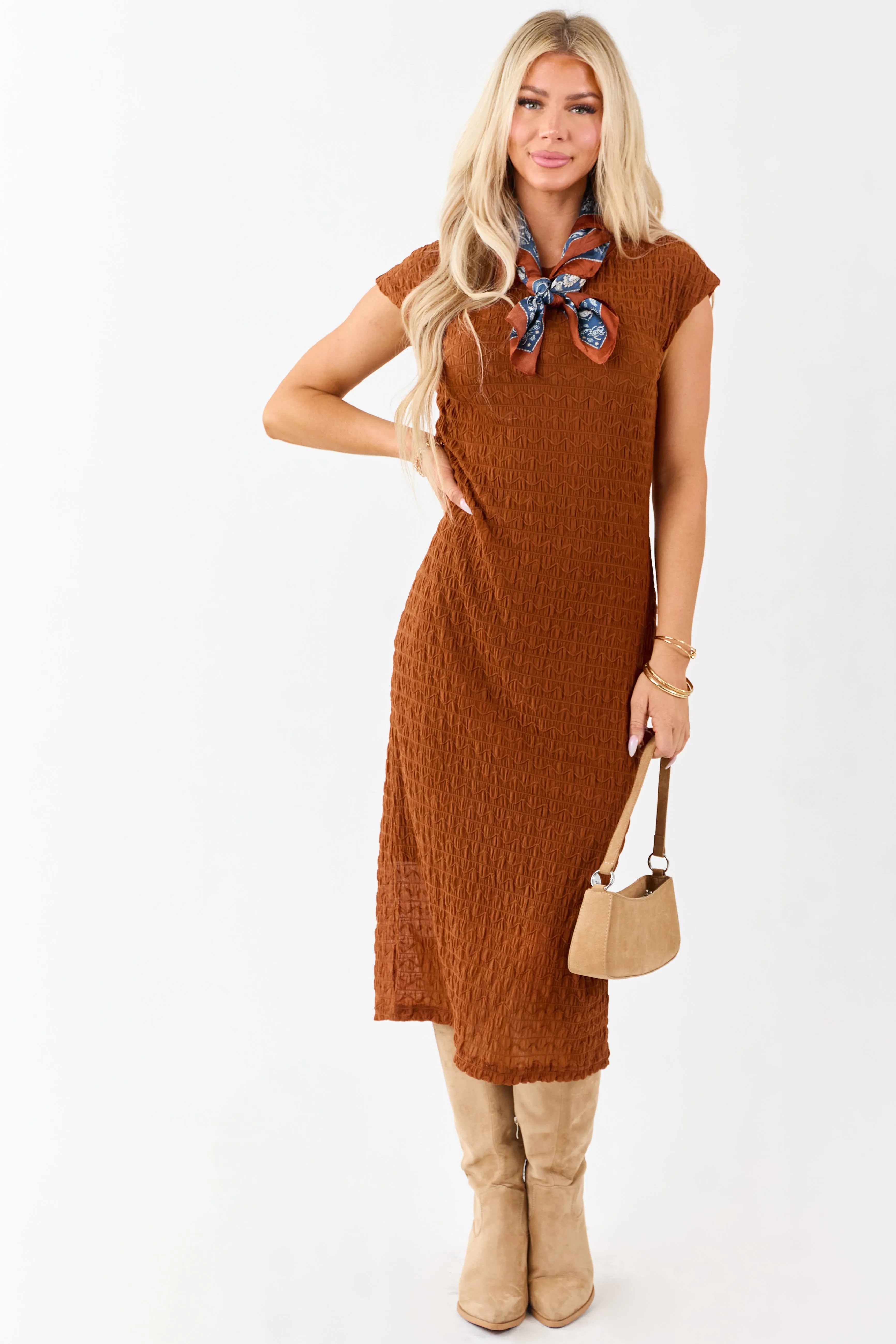 Spice Wavy Textured Mesh Cap Sleeve Midi Dress sold by Lime Lush product image thumbnail 3
