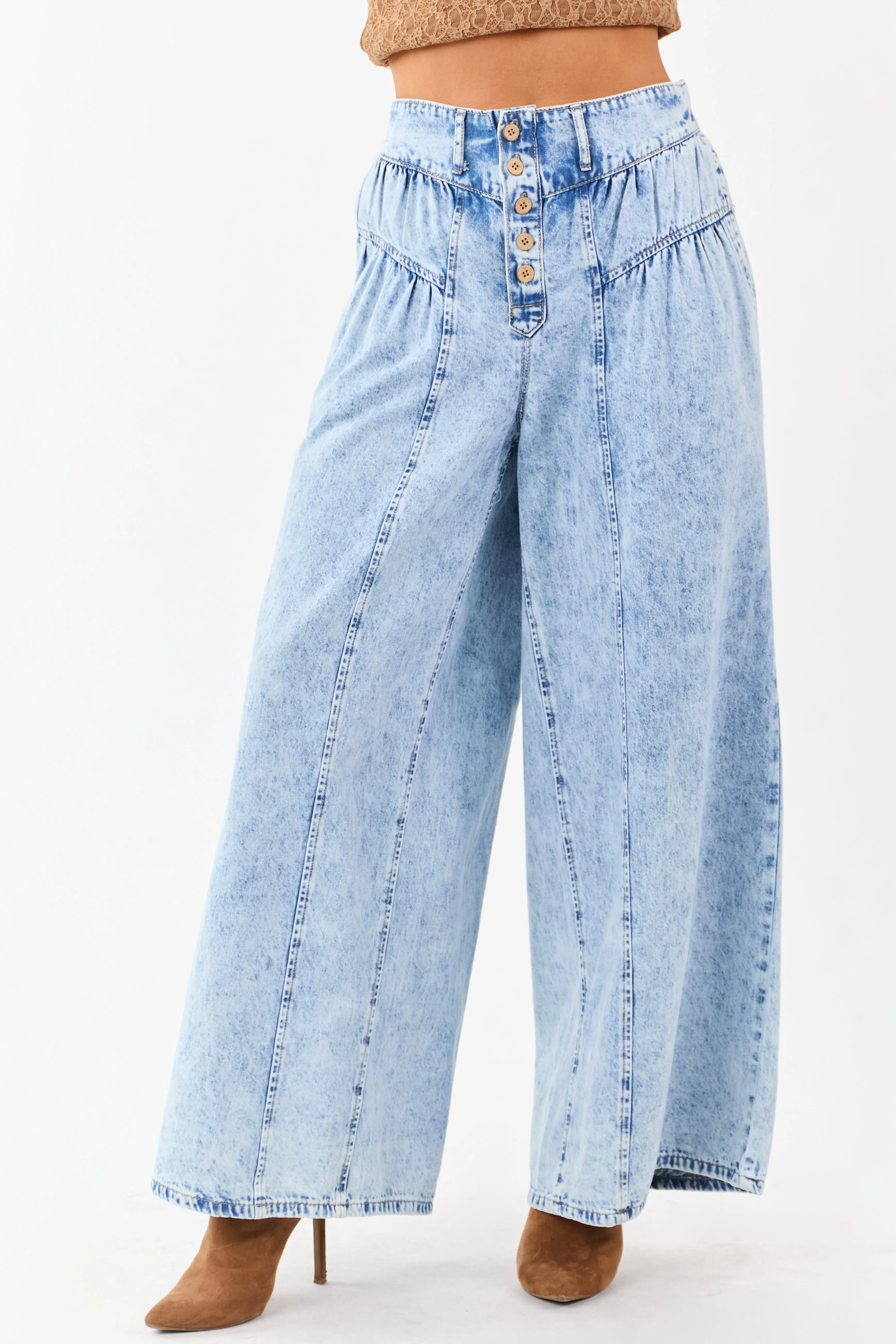 Light Acid Wash Button Fly High Rise Wide Leg Jeans sold by Lime Lush product image thumbnail 2