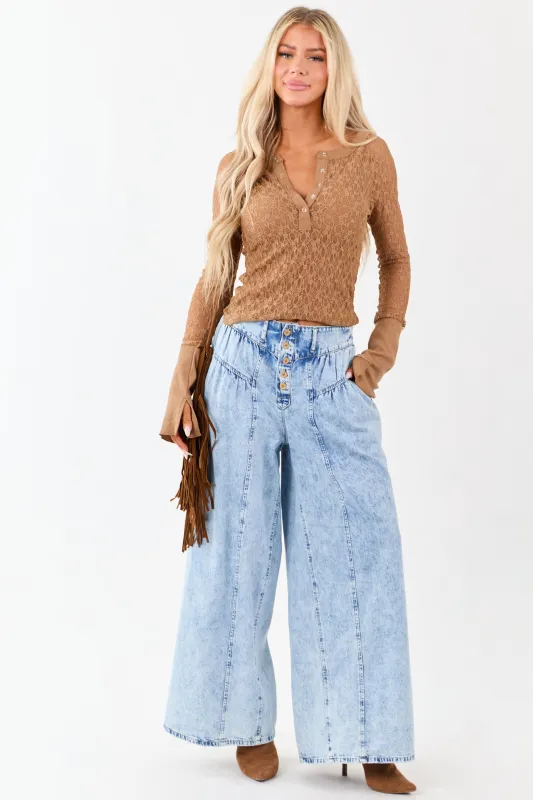Light Acid Wash Button Fly High Rise Wide Leg Jeans sold by Lime Lush