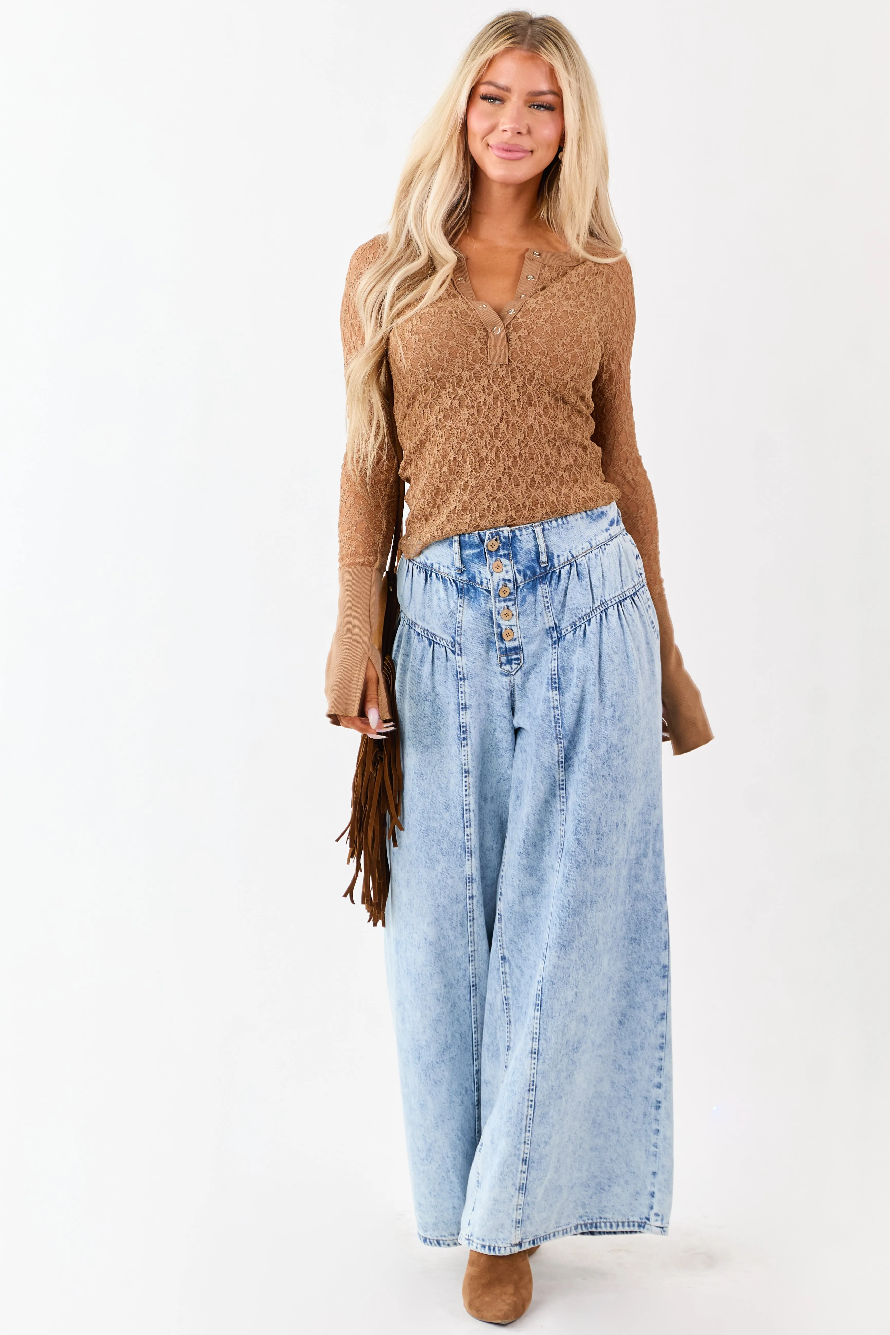 Light Acid Wash Button Fly High Rise Wide Leg Jeans sold by Lime Lush product image thumbnail 5