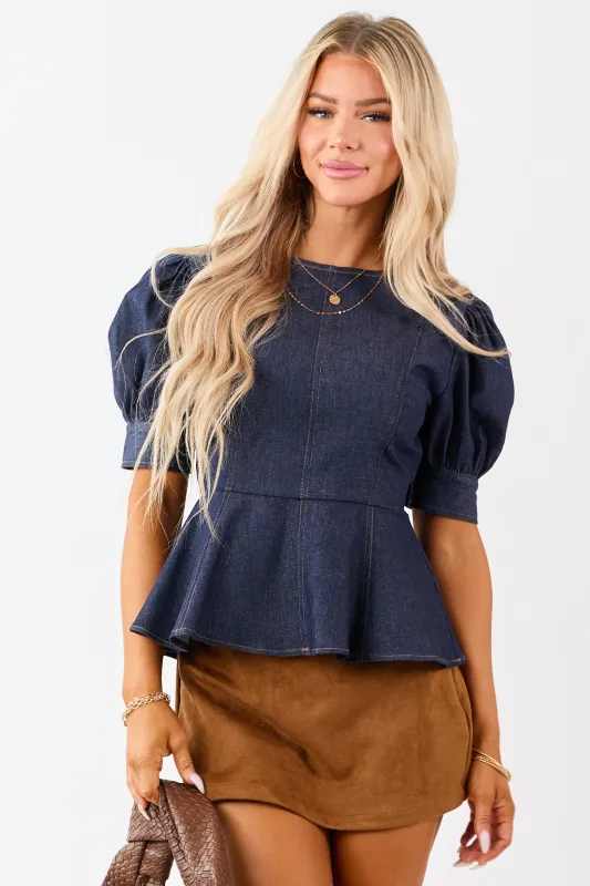 Flying Tomato Dark Wash Denim Peplum Puff Sleeve Top made by Flying Tomato