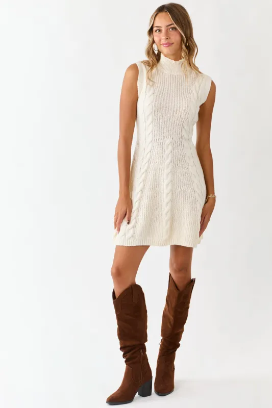 Lovelo Cream Mock Neck Cable Sweater Short Dress sold by Lime Lush