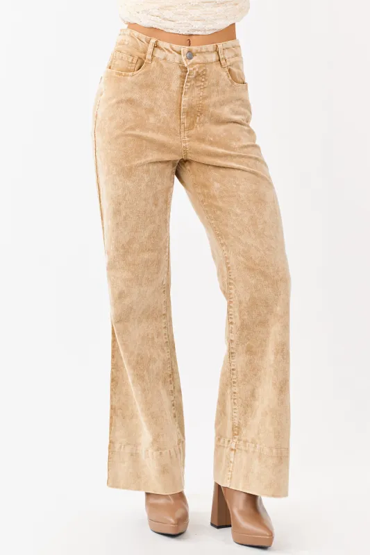 Beige Mineral Wash Corduroy Flare Pants sold by Lime Lush