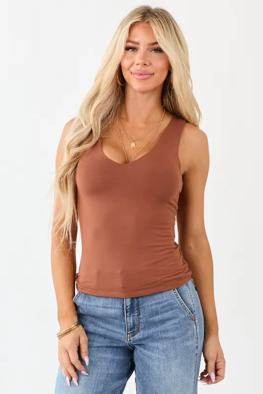 Cognac Double Layer Knit V-Neck Tank Top sold by Lime Lush
