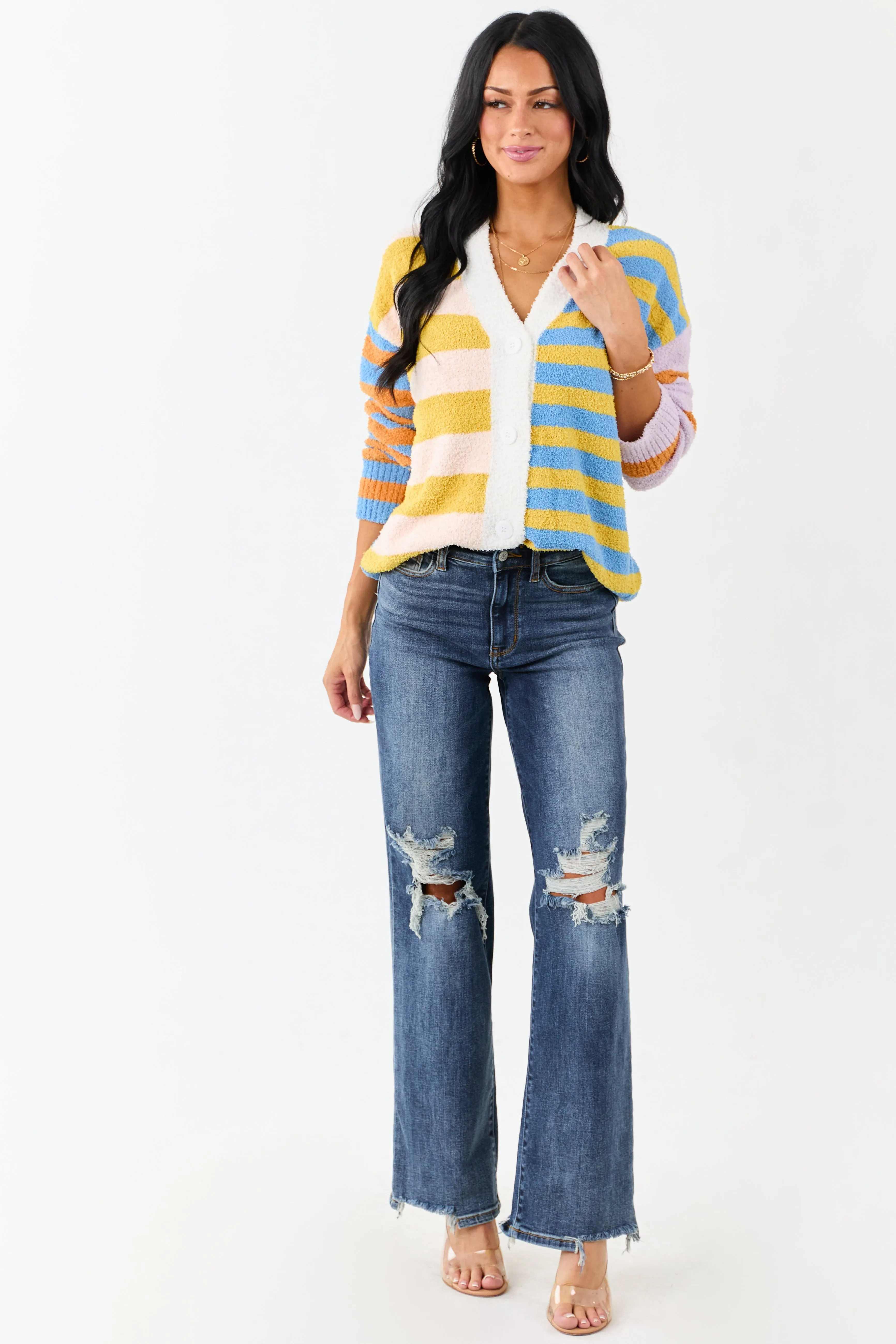 Lovelo Multicolor Striped Button Up Fuzzy Cardigan sold by Lime Lush product image thumbnail 3