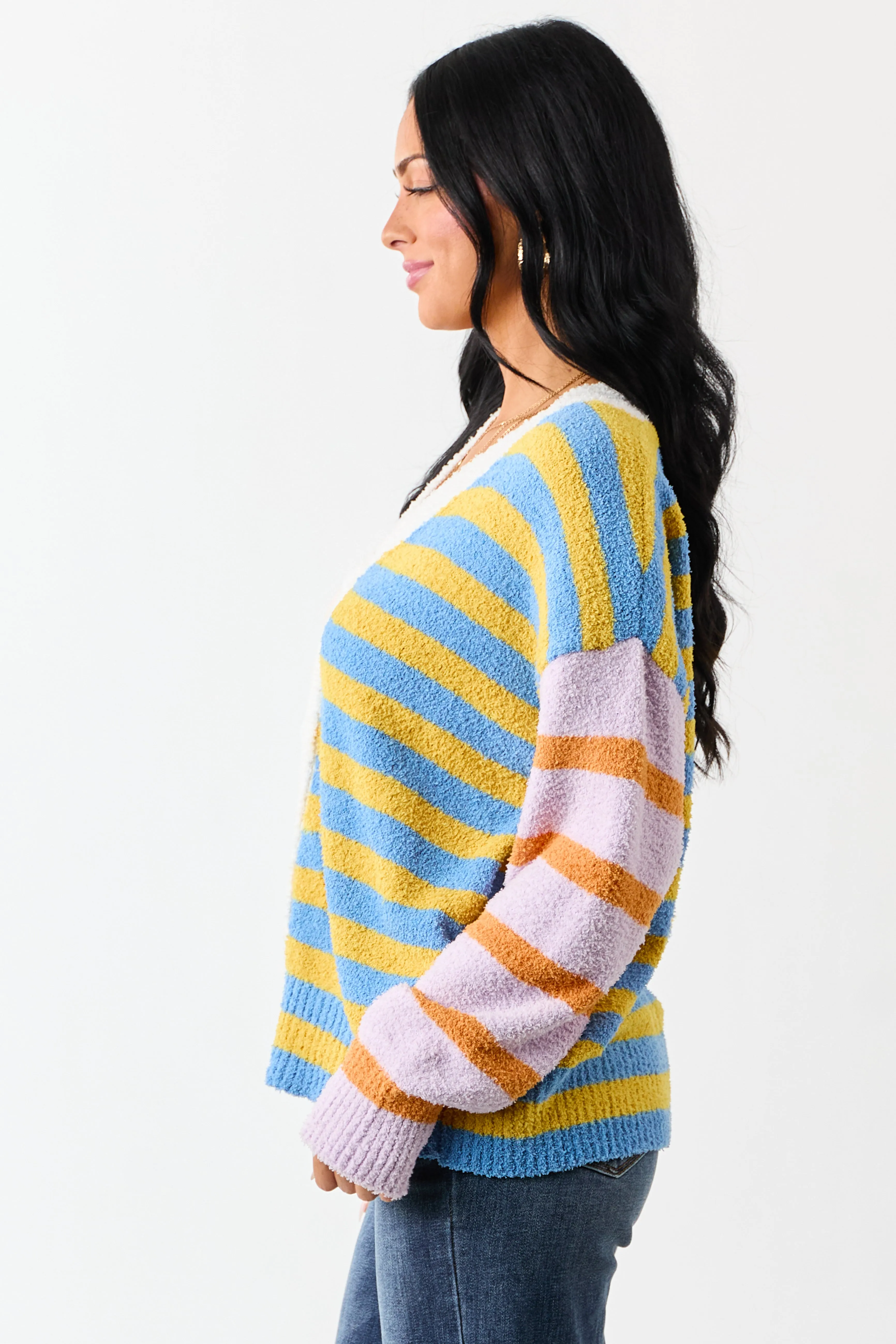 Lovelo Multicolor Striped Button Up Fuzzy Cardigan sold by Lime Lush product image thumbnail 4