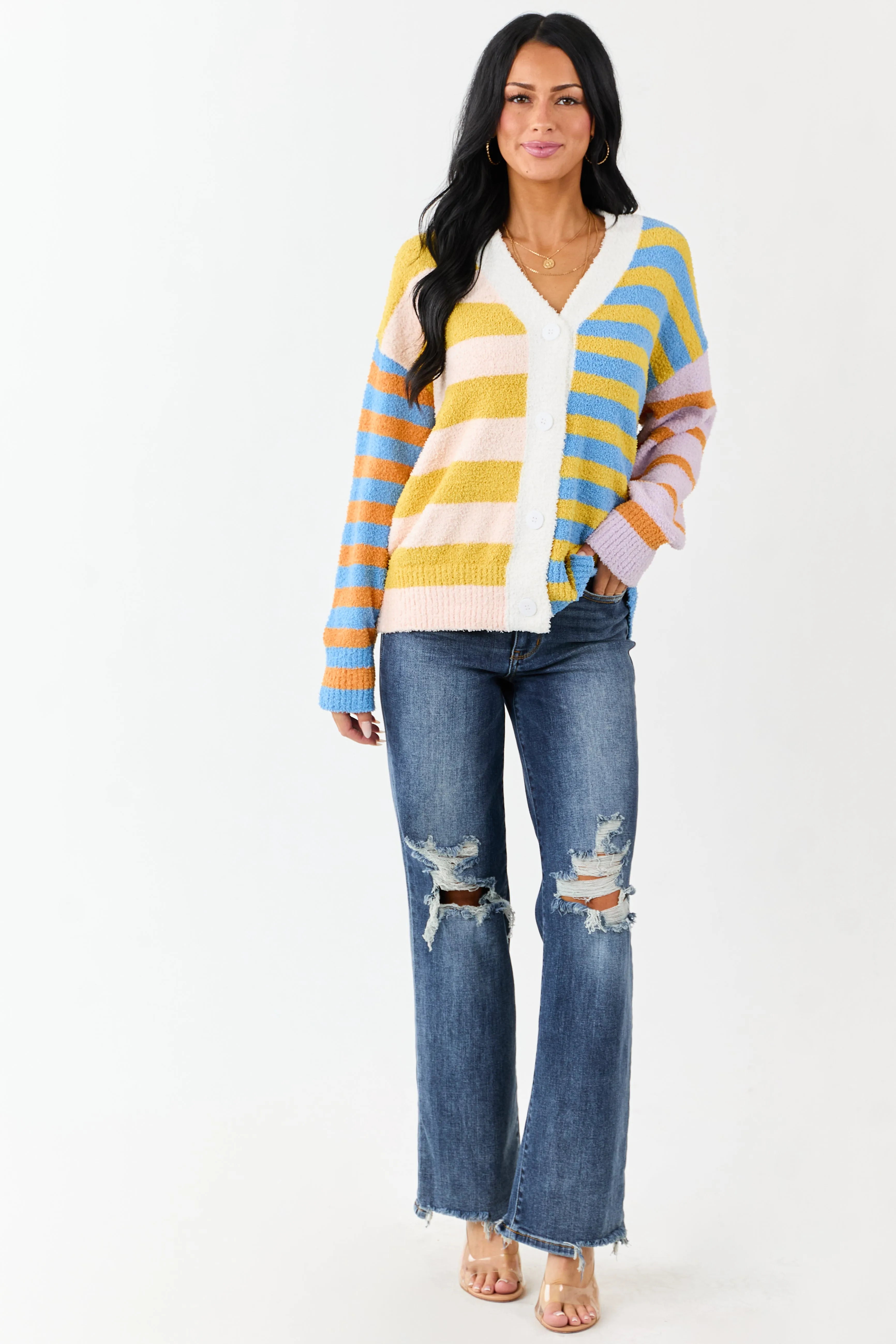 Lovelo Multicolor Striped Button Up Fuzzy Cardigan sold by Lime Lush product image thumbnail 2