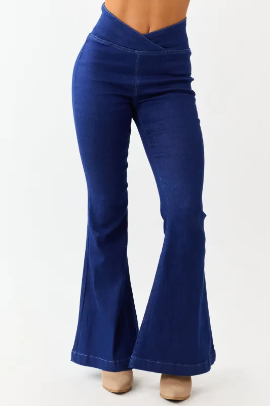 Dark Wash Stretchy V Wrap Waist Flare Jeans sold by Lime Lush