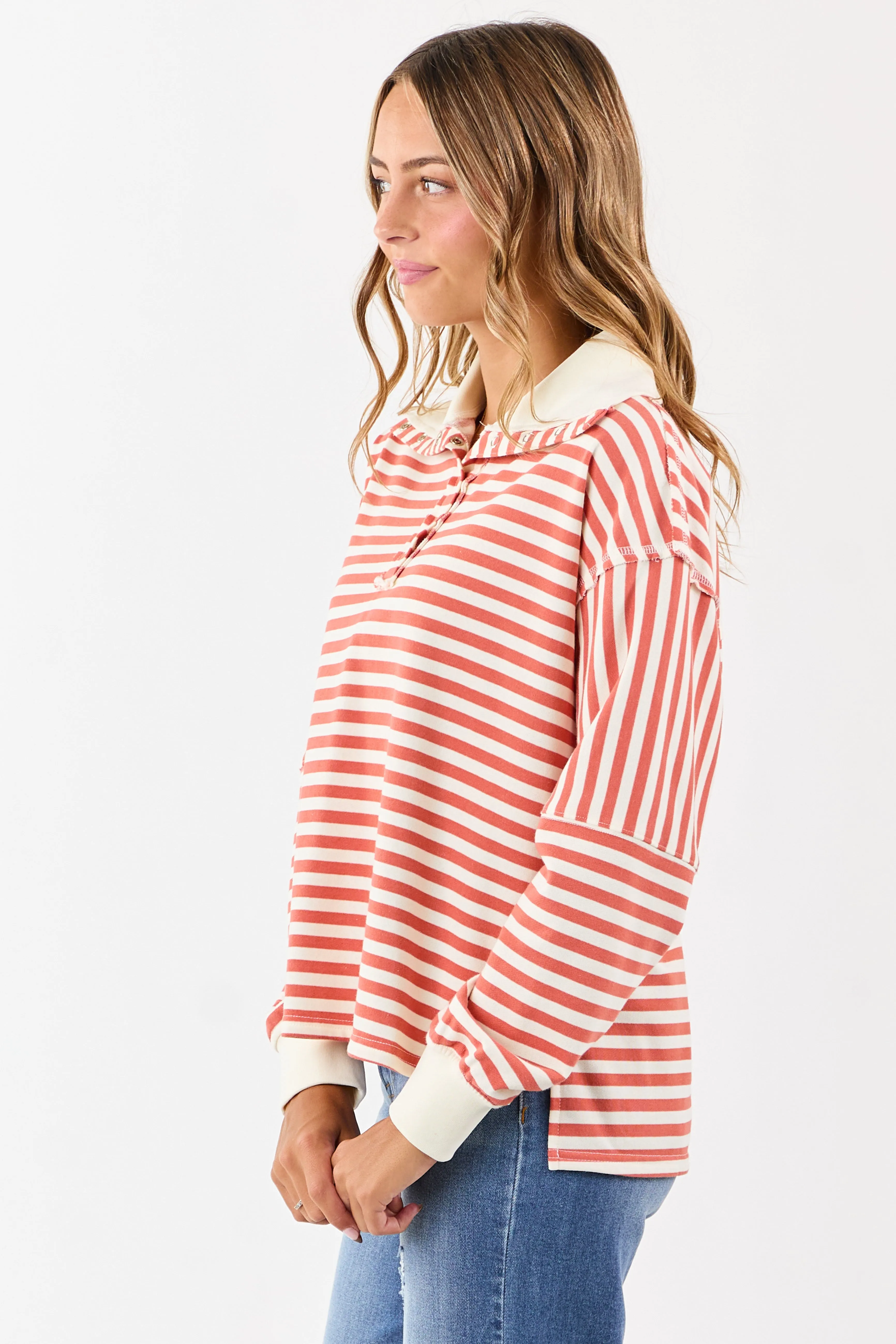Burnt Orange and Cream Striped Henley Top sold by Lime Lush product image thumbnail 4