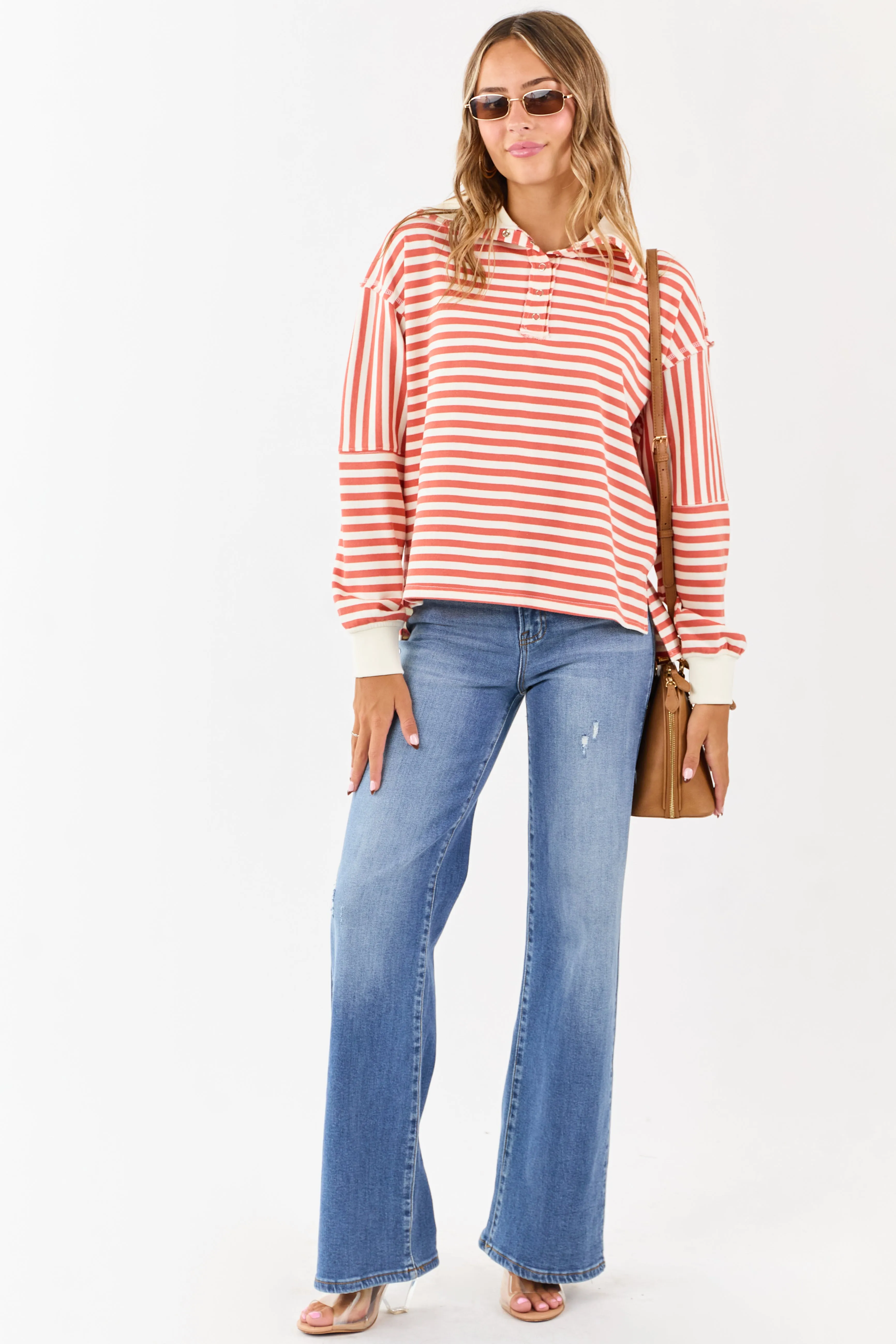 Burnt Orange and Cream Striped Henley Top sold by Lime Lush product image thumbnail 3