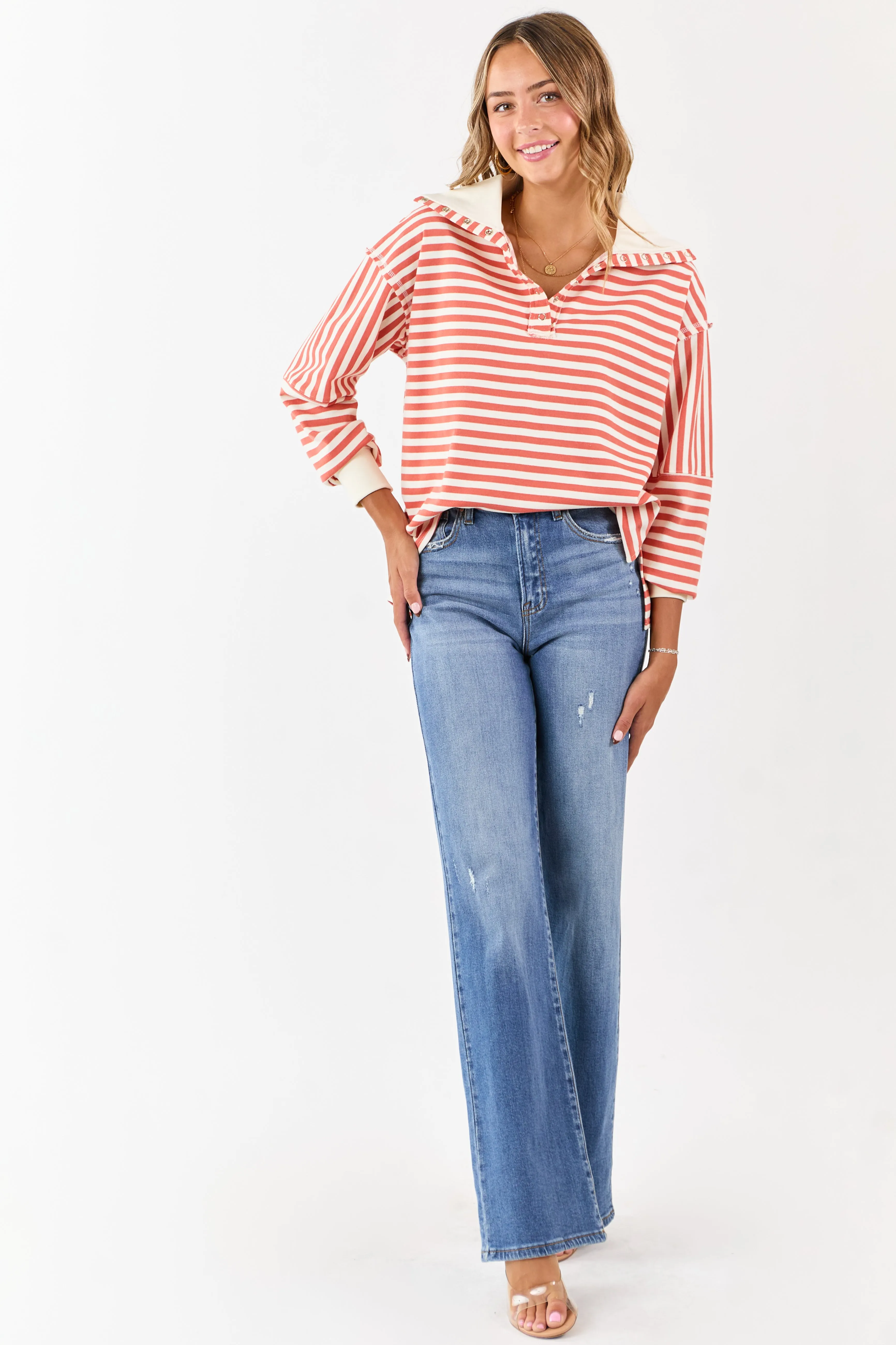 Burnt Orange and Cream Striped Henley Top sold by Lime Lush product image thumbnail 2