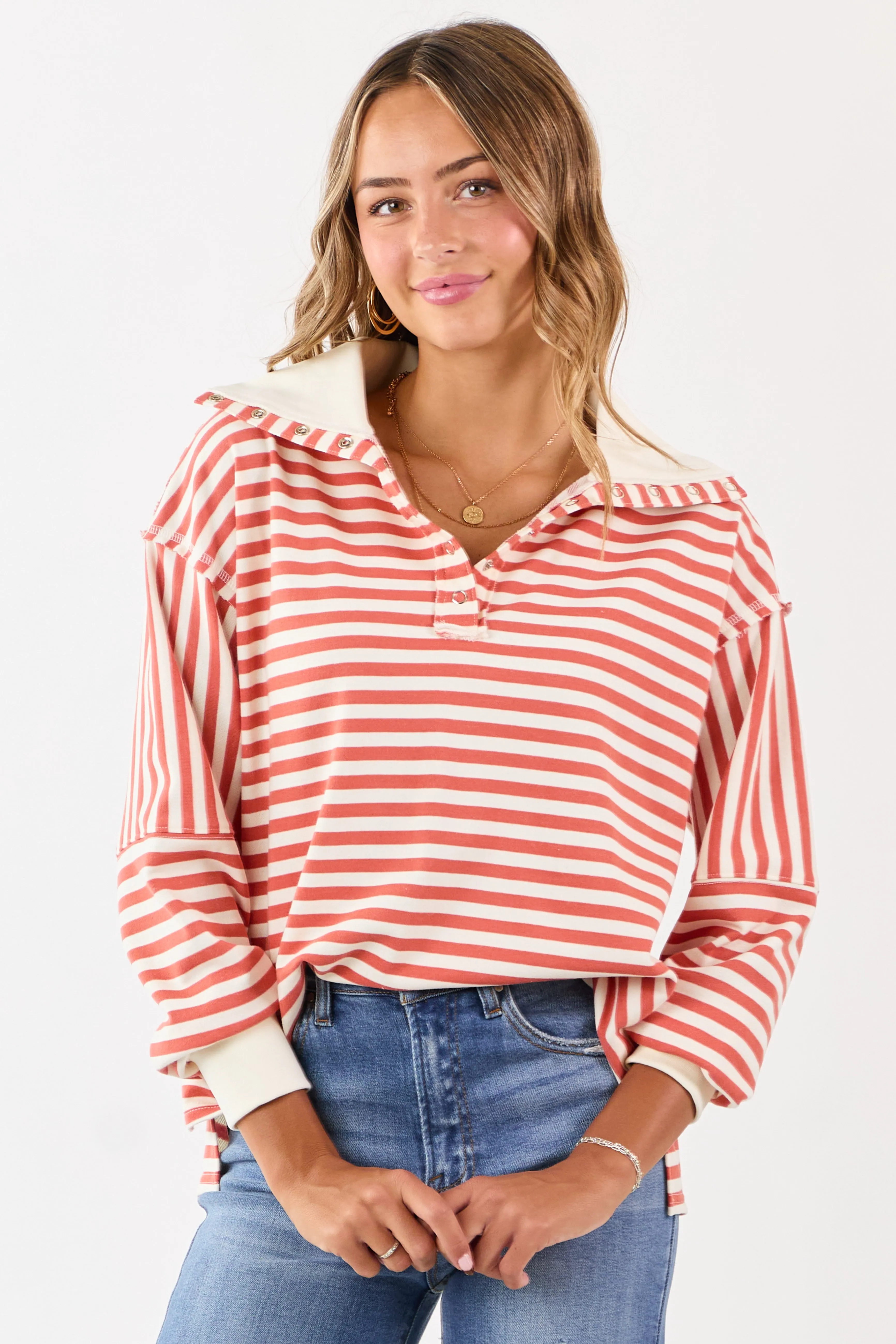 Burnt Orange and Cream Striped Henley Top sold by Lime Lush