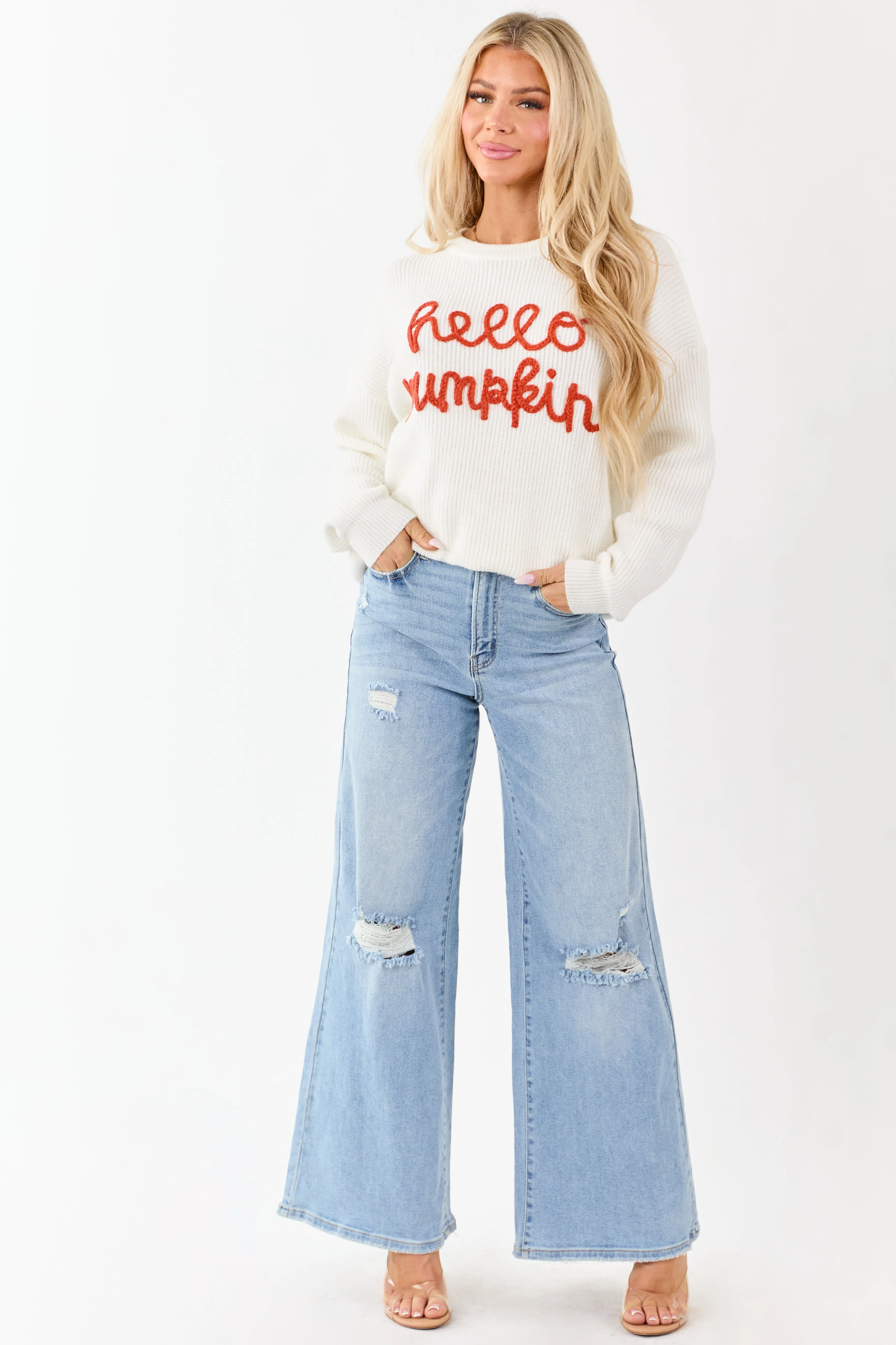 Ivory 'Hello Pumpkin' Yarn Embroidery Sweater sold by Lime Lush product image thumbnail 2
