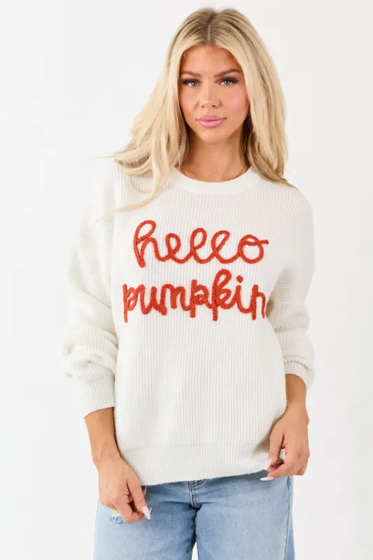 Ivory 'Hello Pumpkin' Yarn Embroidery Sweater sold by Lime Lush