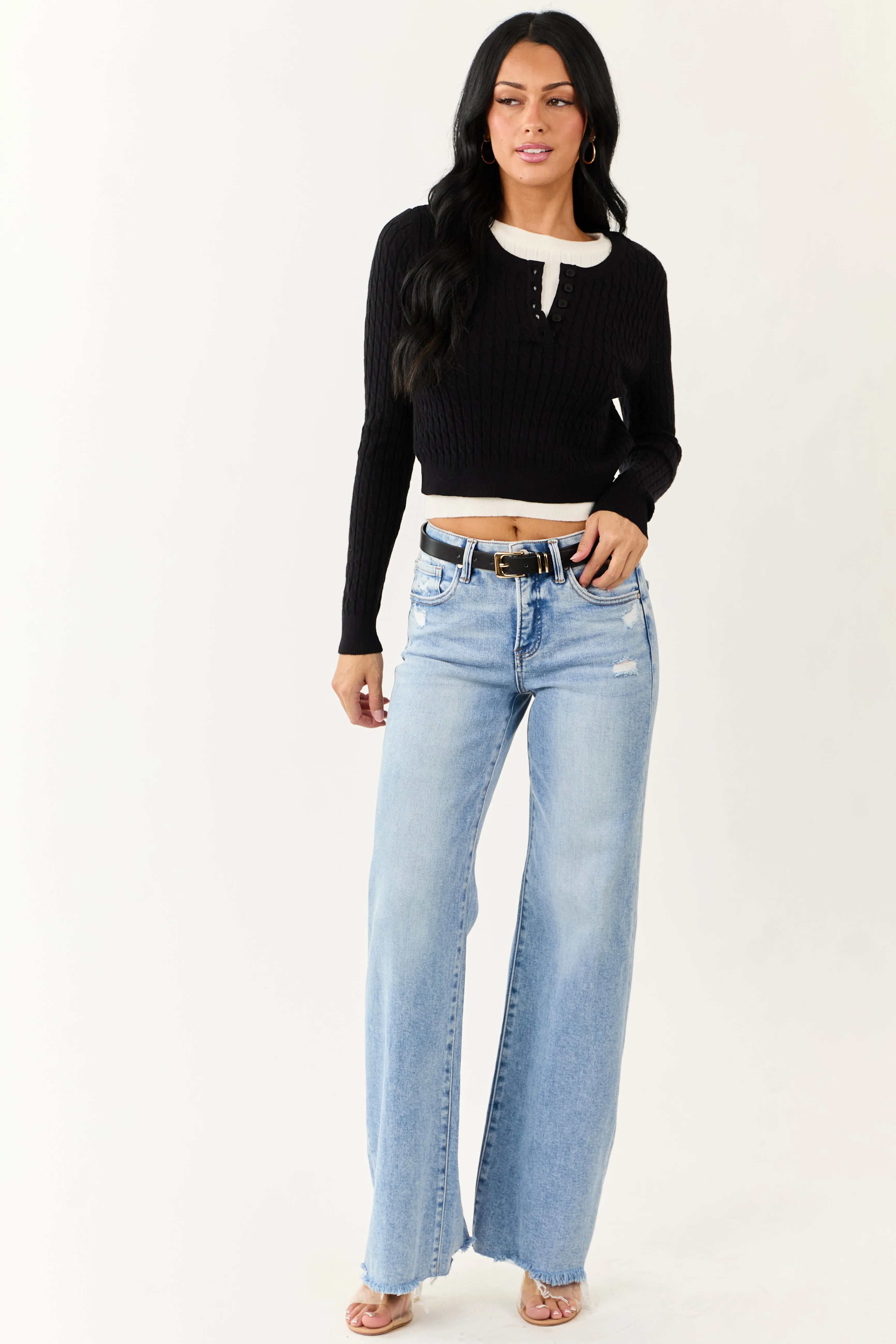 Black Long Sleeve Layered Cable Knit Sweater Top sold by Lime Lush product image thumbnail 2