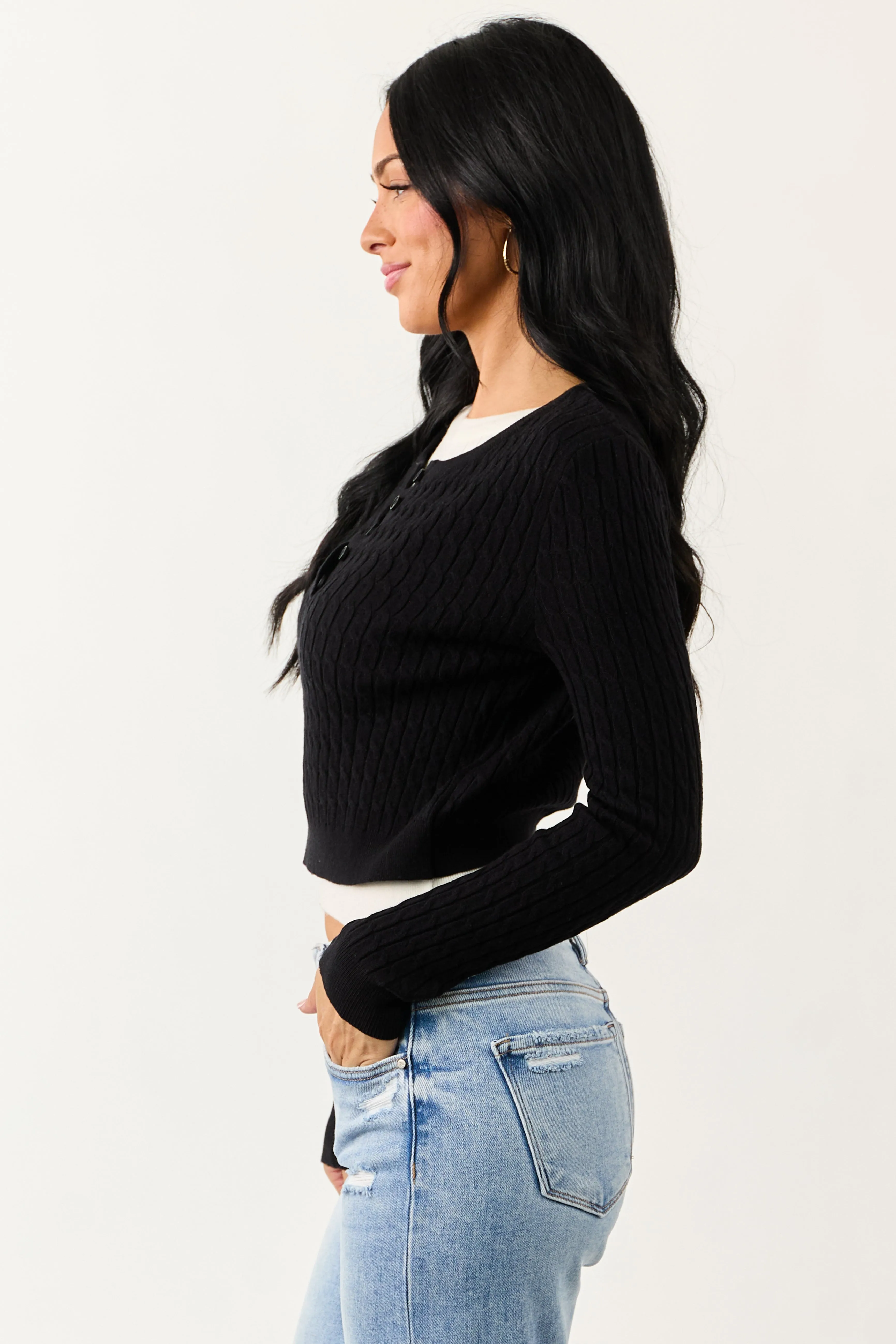 Black Long Sleeve Layered Cable Knit Sweater Top sold by Lime Lush product image thumbnail 4