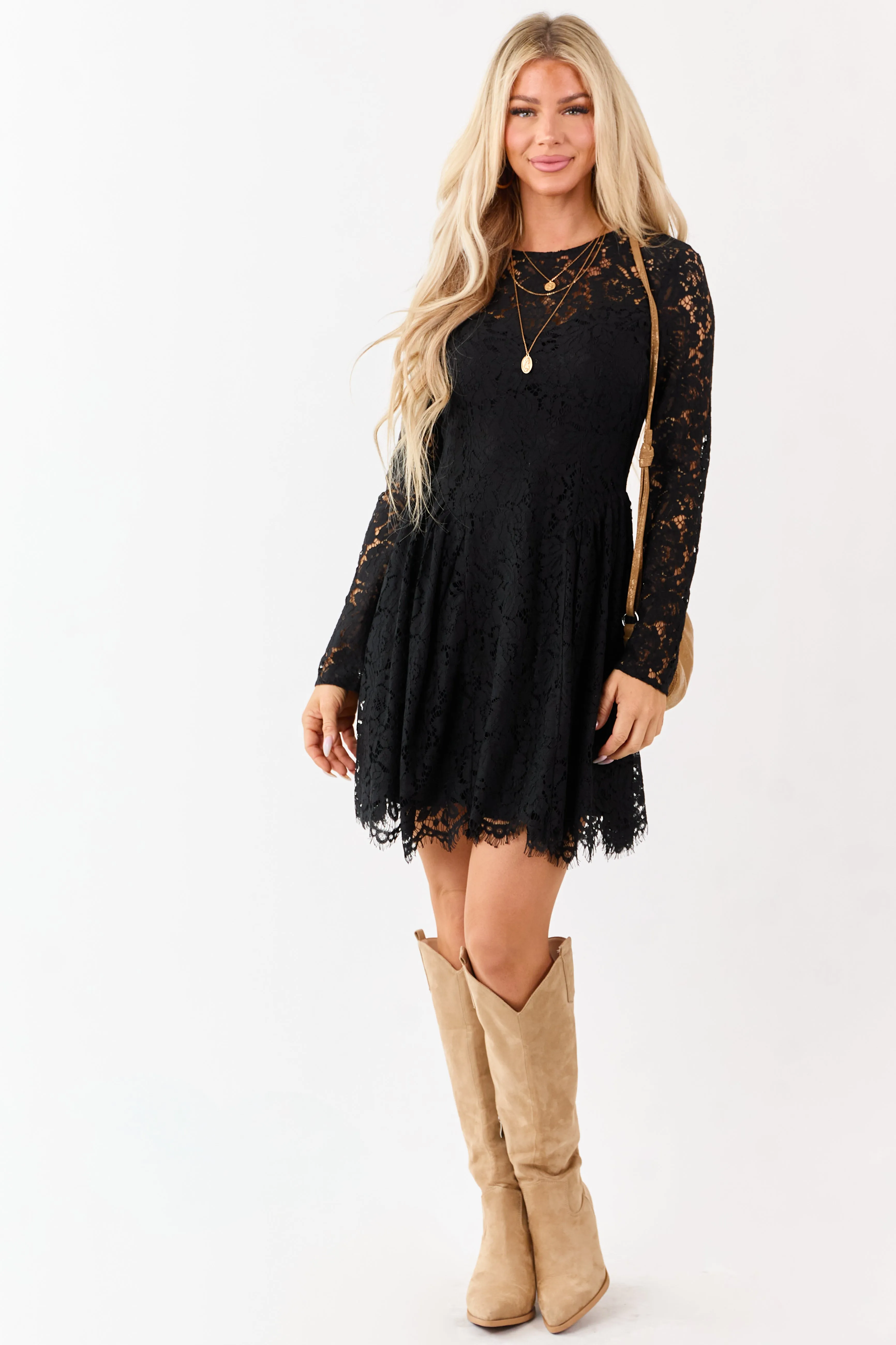 Flying Tomato Black Floral Lace Long Sleeve Mini Dress sold by Lime Lush