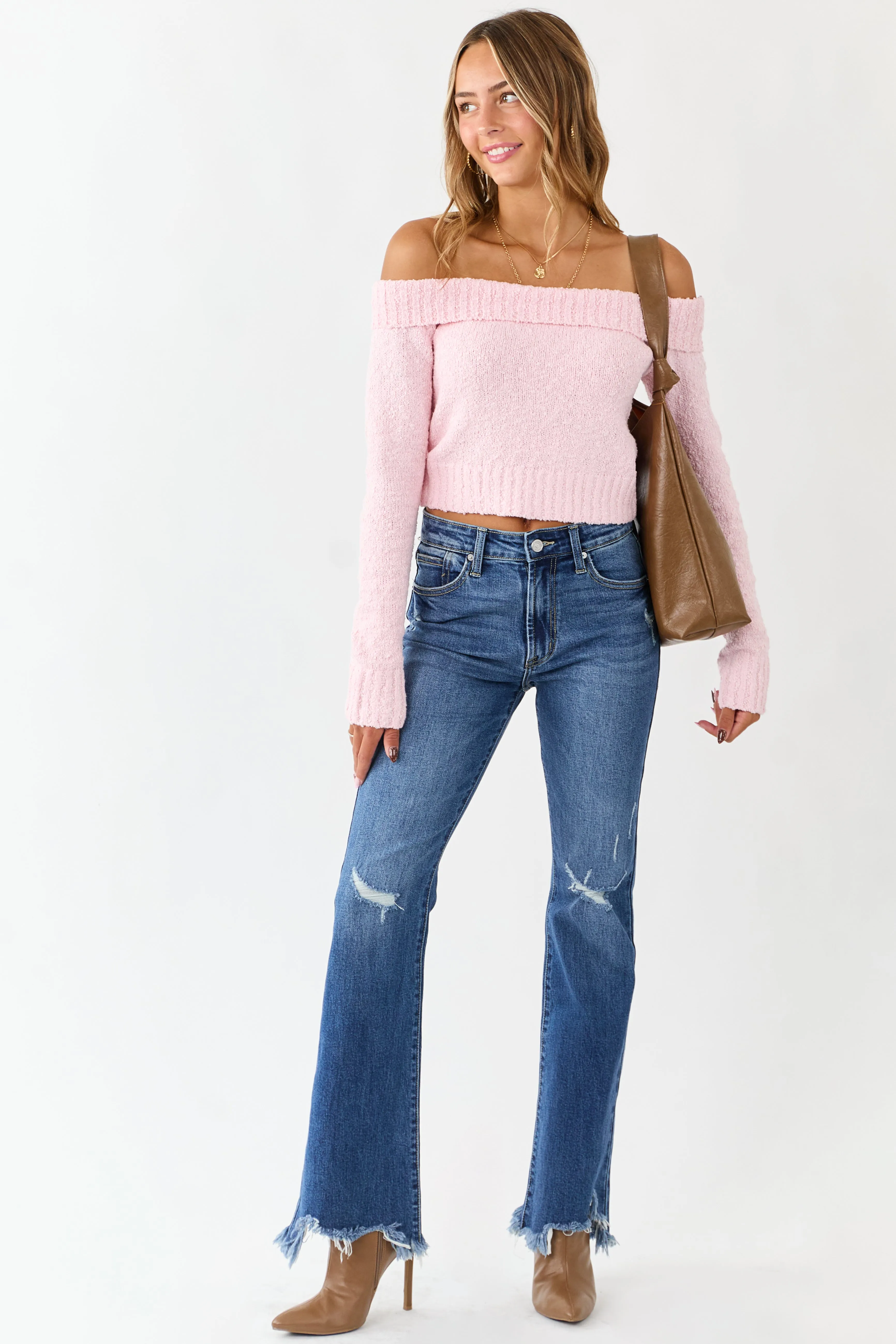 Deep Blush Off Shoulder Ribbed Trim Crop Sweater sold by Lime Lush product image thumbnail 3