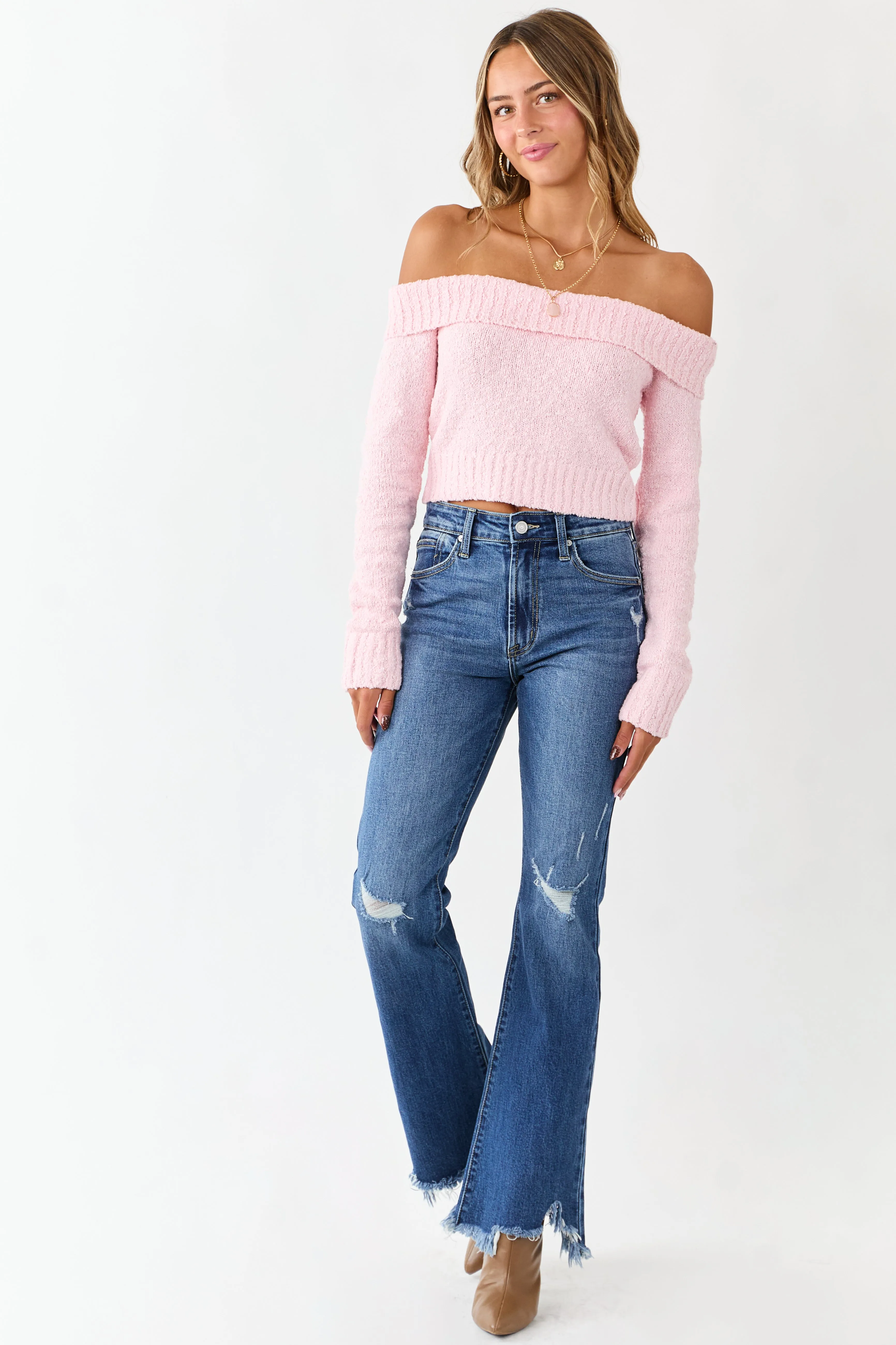 Deep Blush Off Shoulder Ribbed Trim Crop Sweater sold by Lime Lush product image thumbnail 2