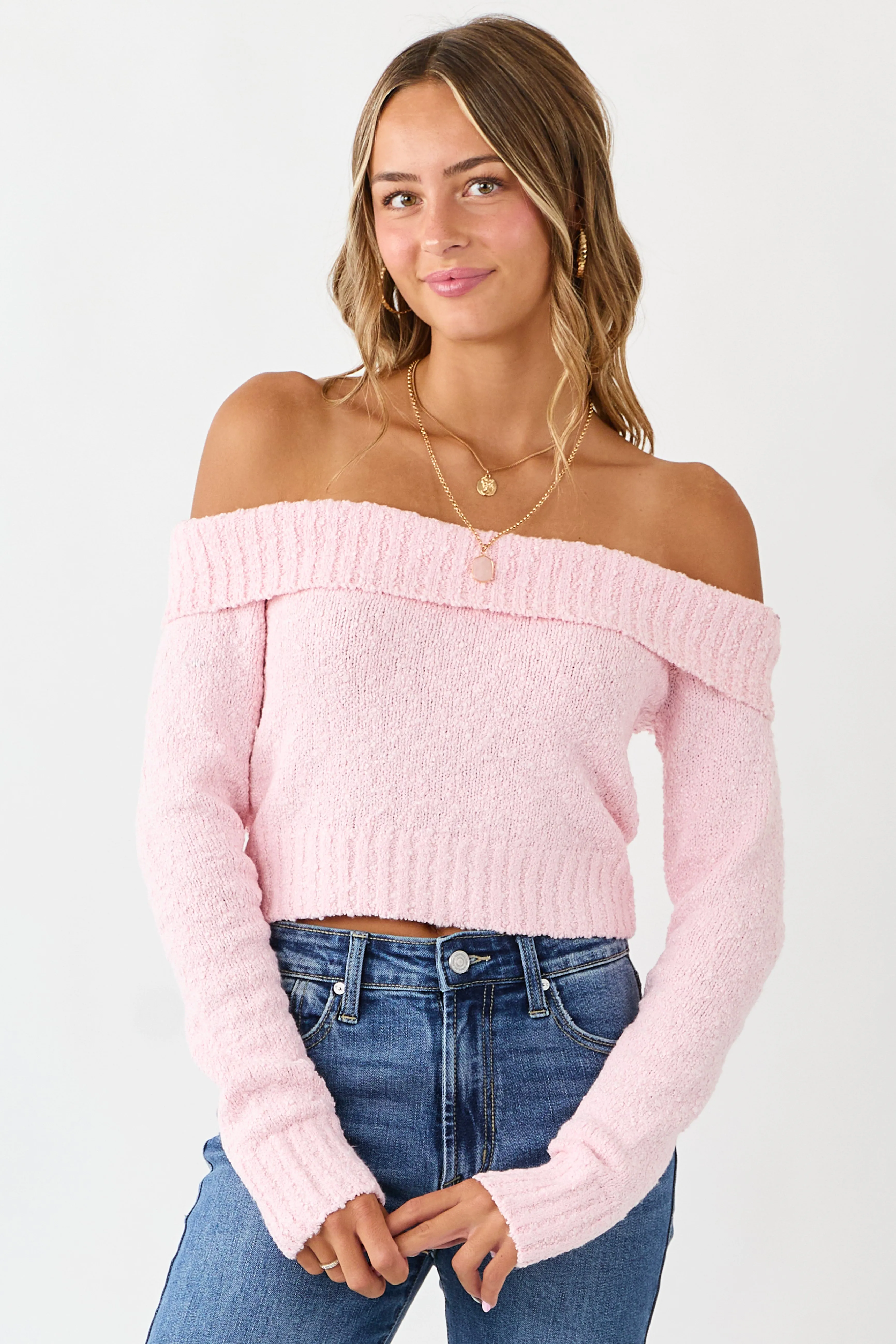 Deep Blush Off Shoulder Ribbed Trim Crop Sweater sold by Lime Lush