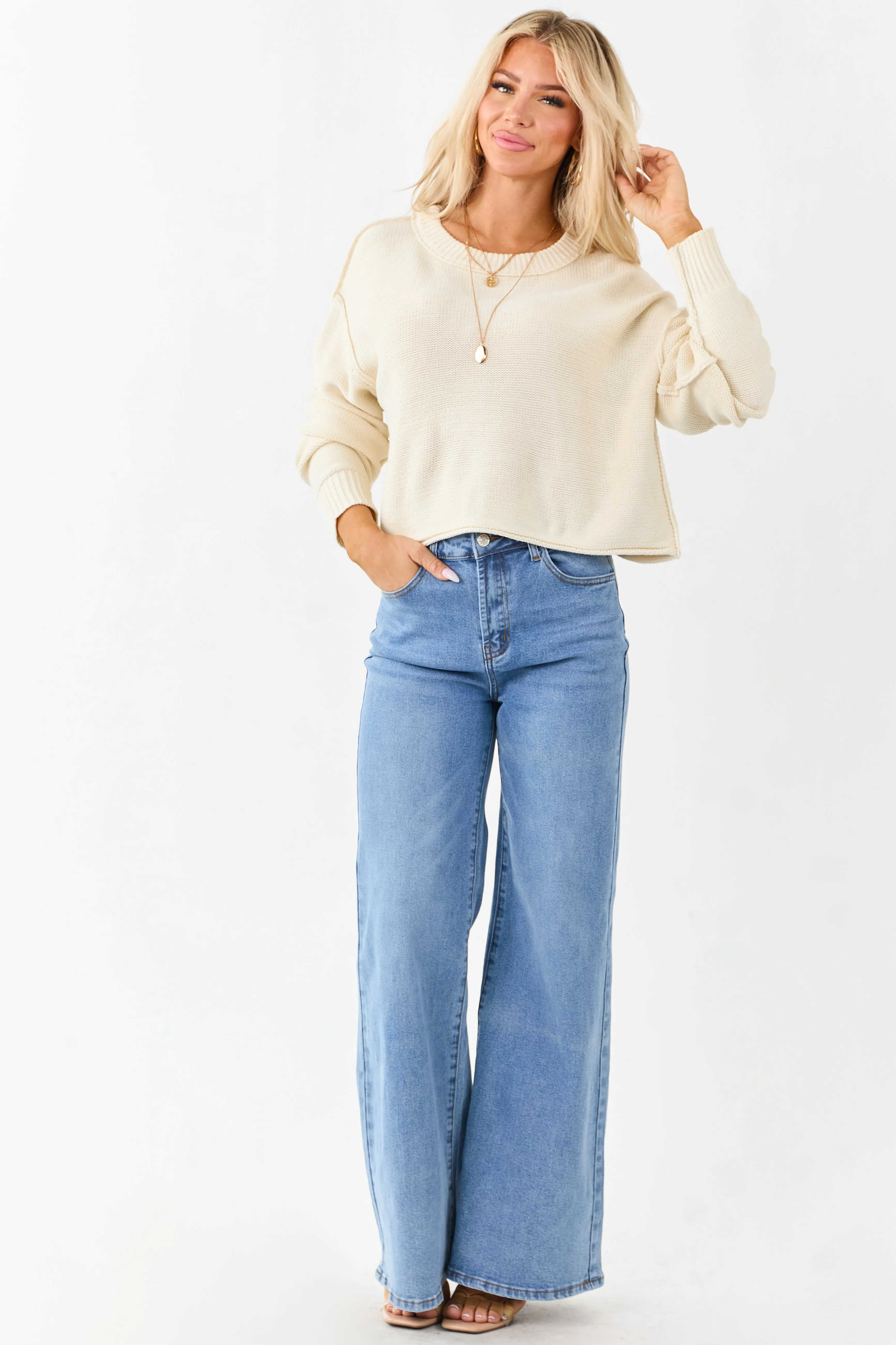 Cream Long Sleeve Relaxed Knit Sweater sold by Lime Lush product image thumbnail 2