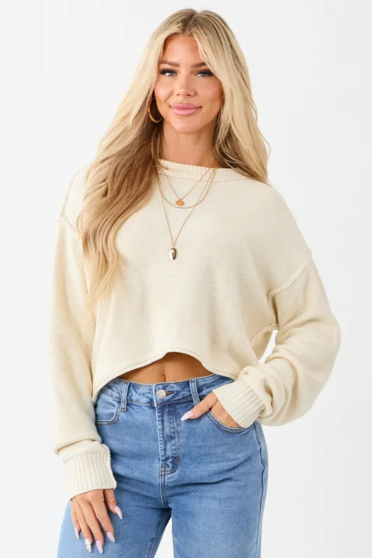 Cream Long Sleeve Relaxed Knit Sweater sold by Lime Lush