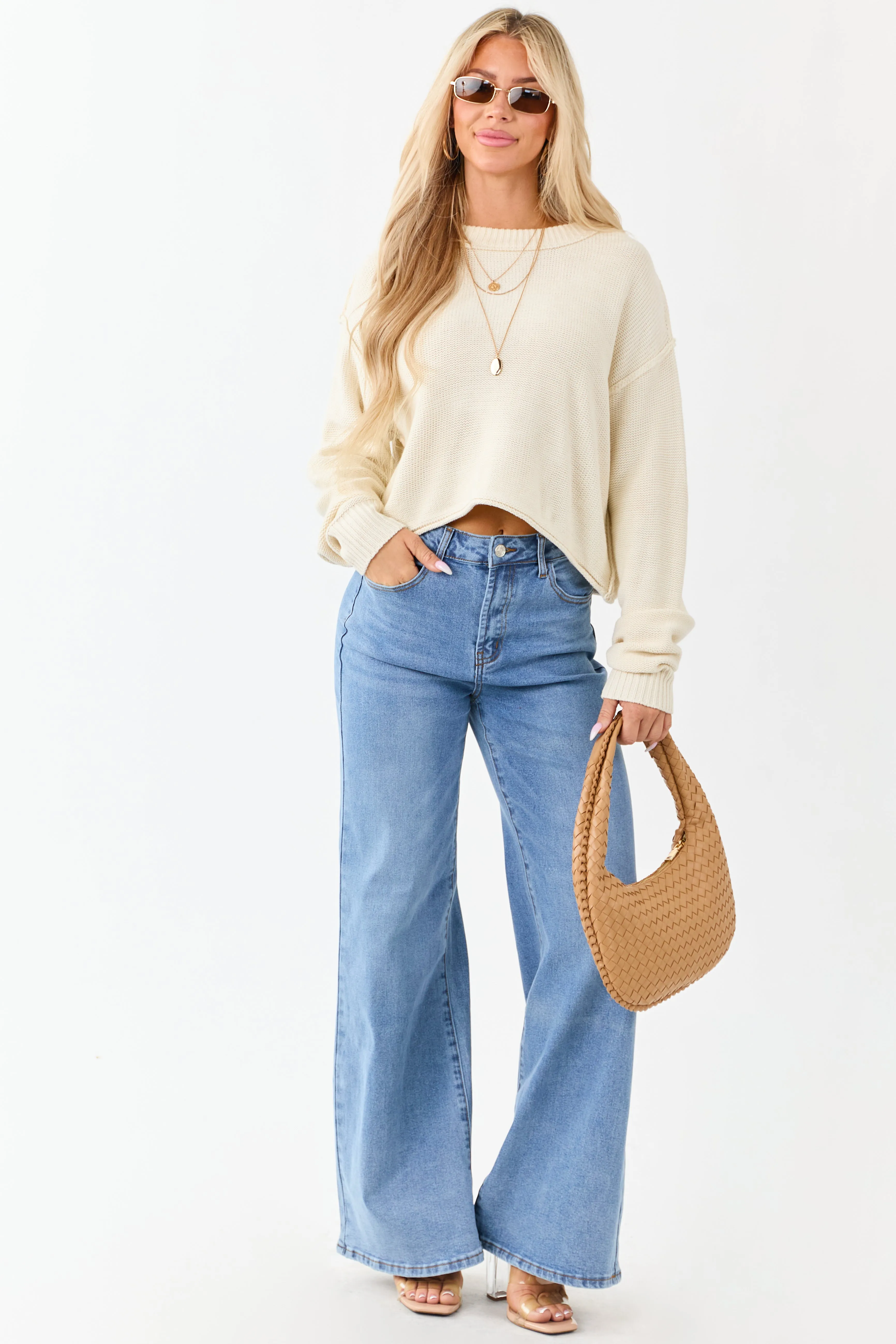 Cream Long Sleeve Relaxed Knit Sweater sold by Lime Lush product image thumbnail 3
