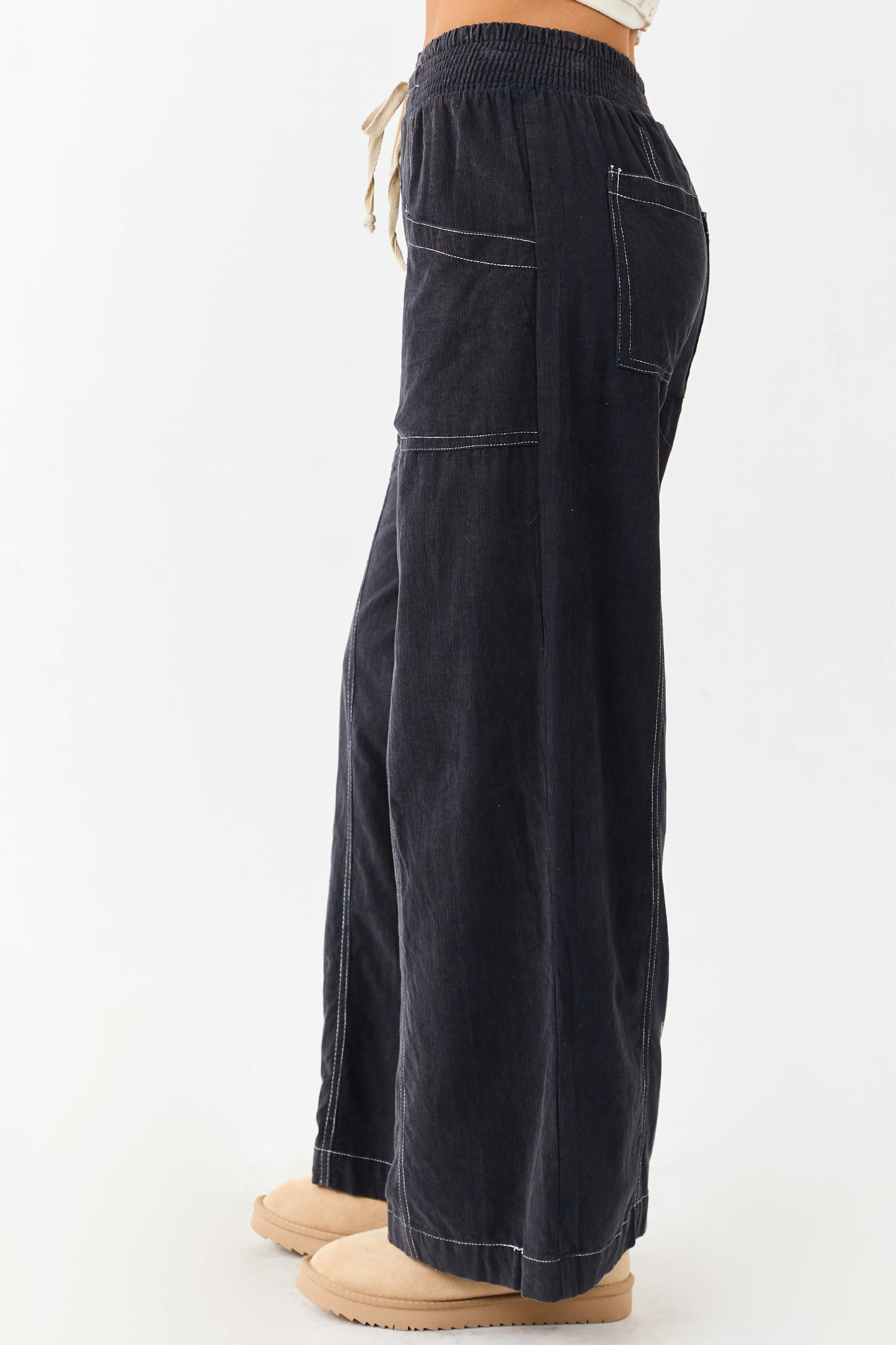 Navy Washed Corduroy Smocked Waist Wide Leg Pants sold by Lime Lush product image thumbnail 3
