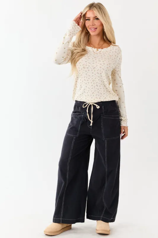 Navy Washed Corduroy Smocked Waist Wide Leg Pants sold by Lime Lush