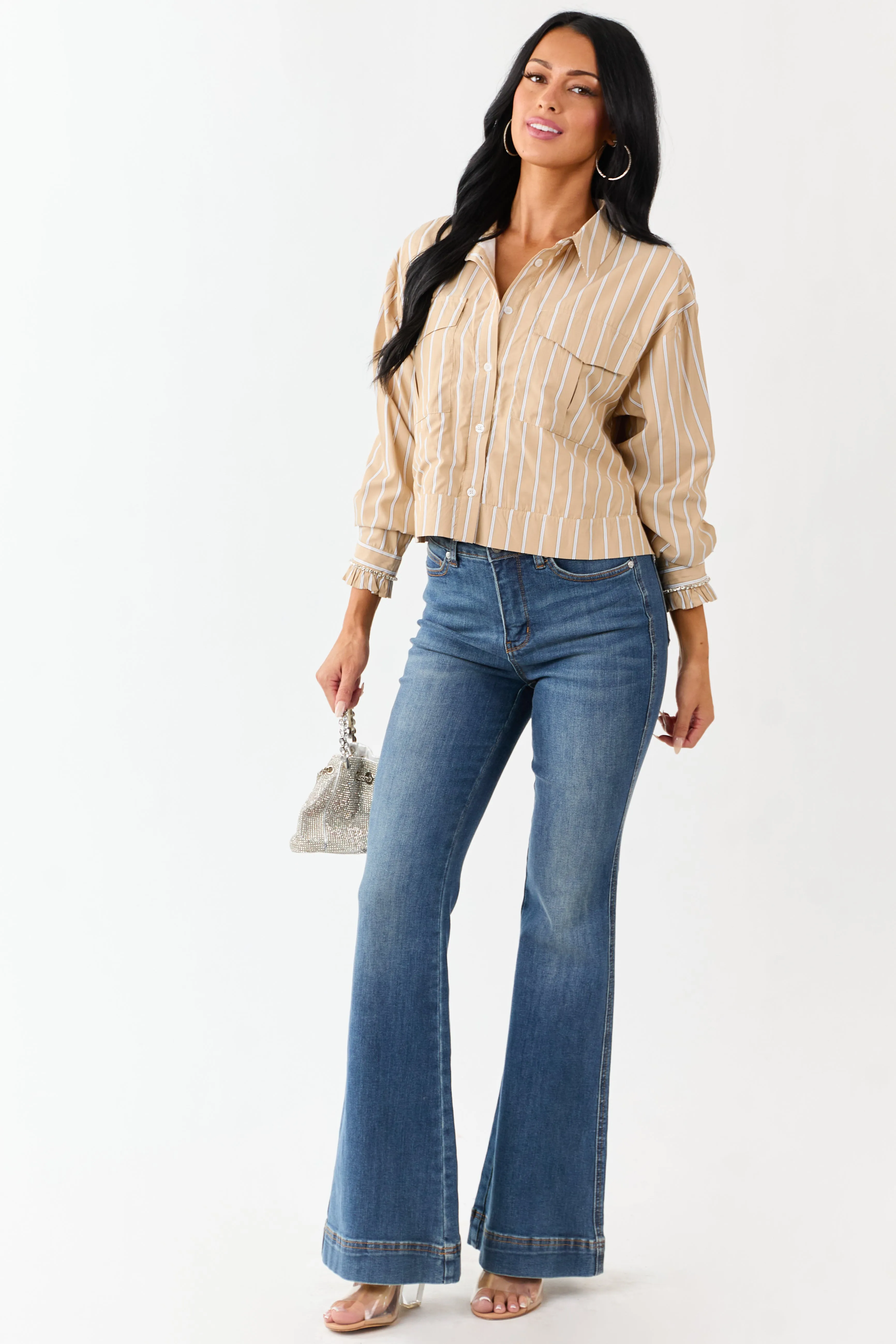 Beige Striped Button Up Long Sleeve Cotton Top sold by Lime Lush product image thumbnail 4