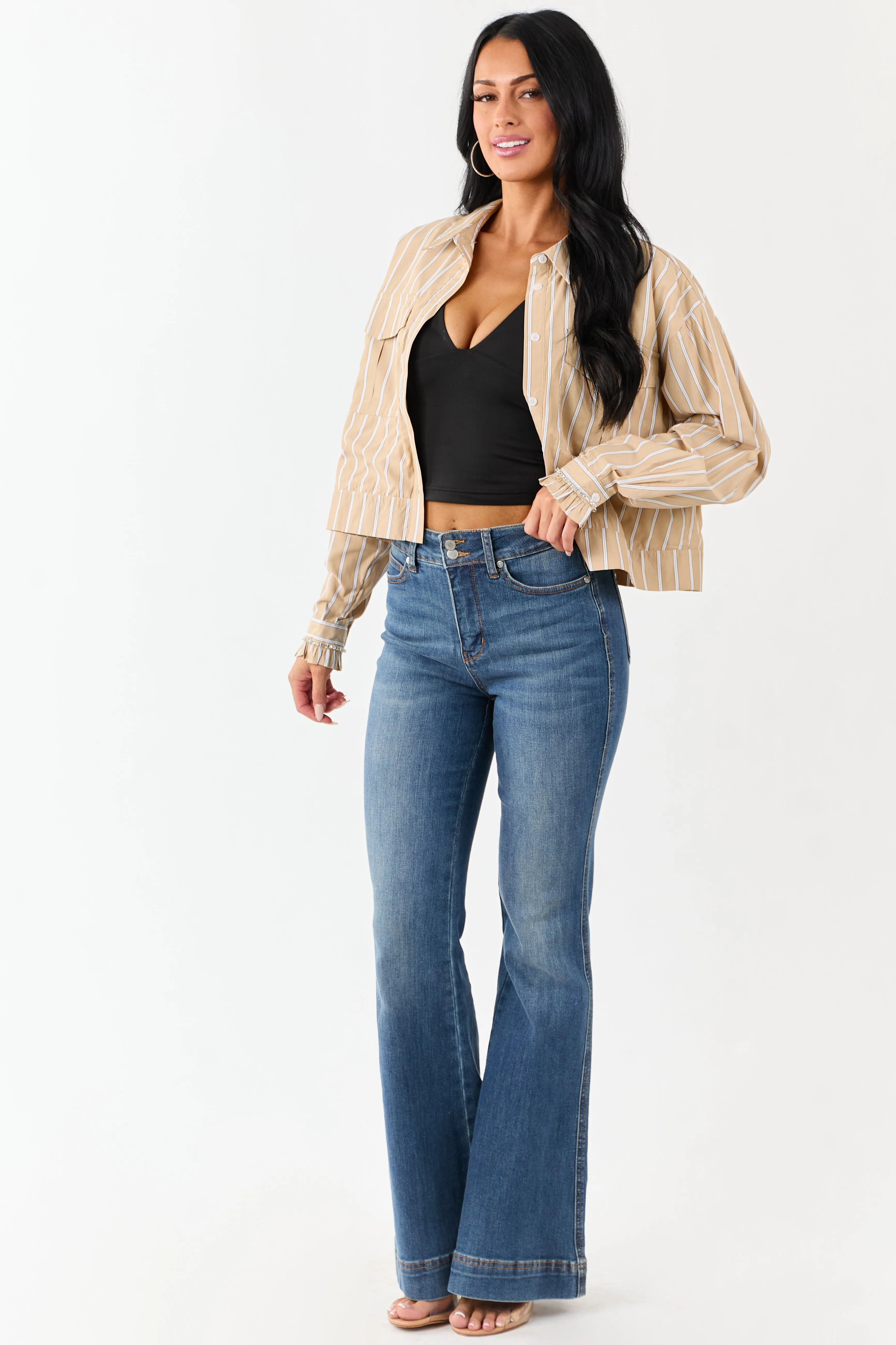 Beige Striped Button Up Long Sleeve Cotton Top sold by Lime Lush product image thumbnail 3
