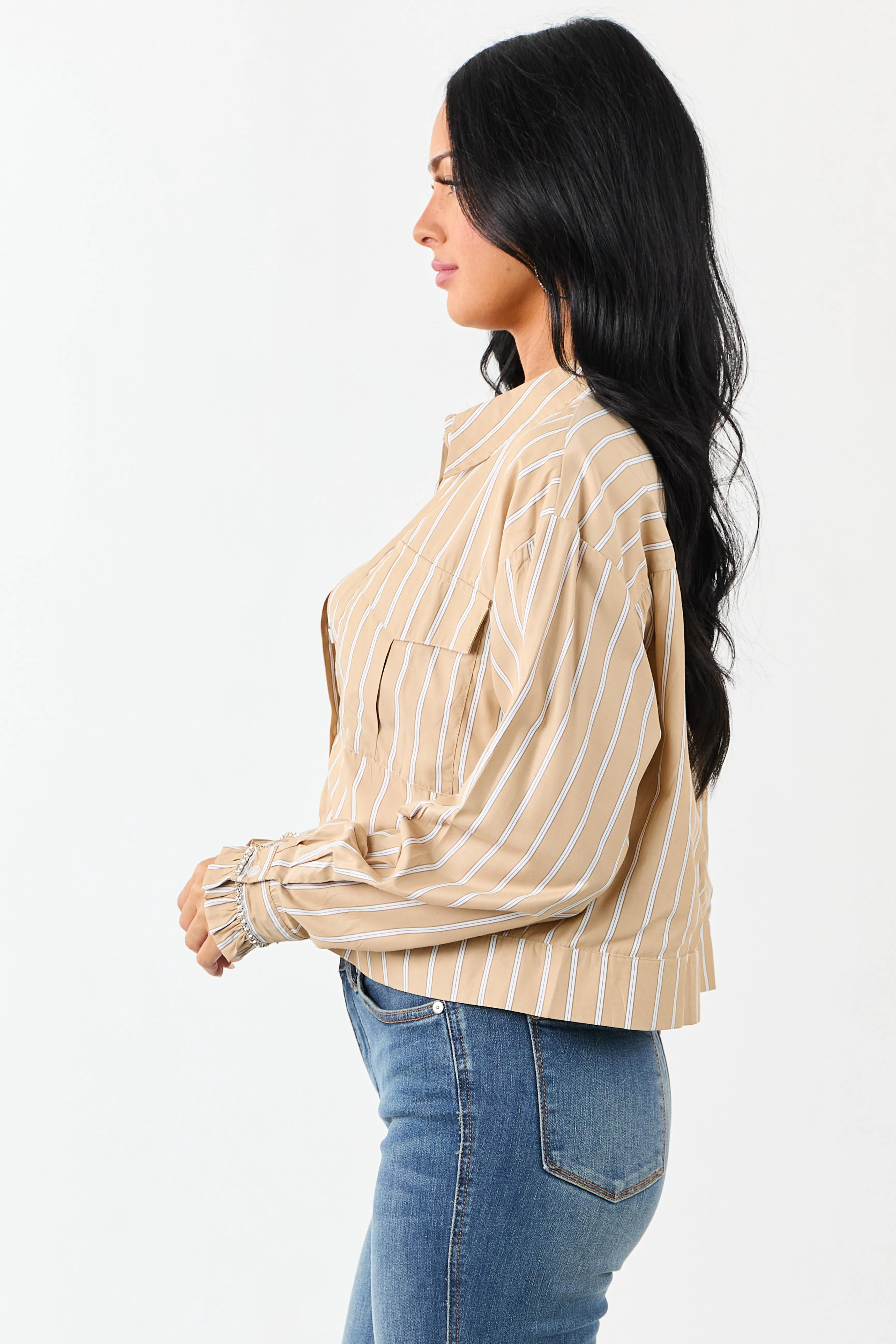 Beige Striped Button Up Long Sleeve Cotton Top sold by Lime Lush product image thumbnail 5