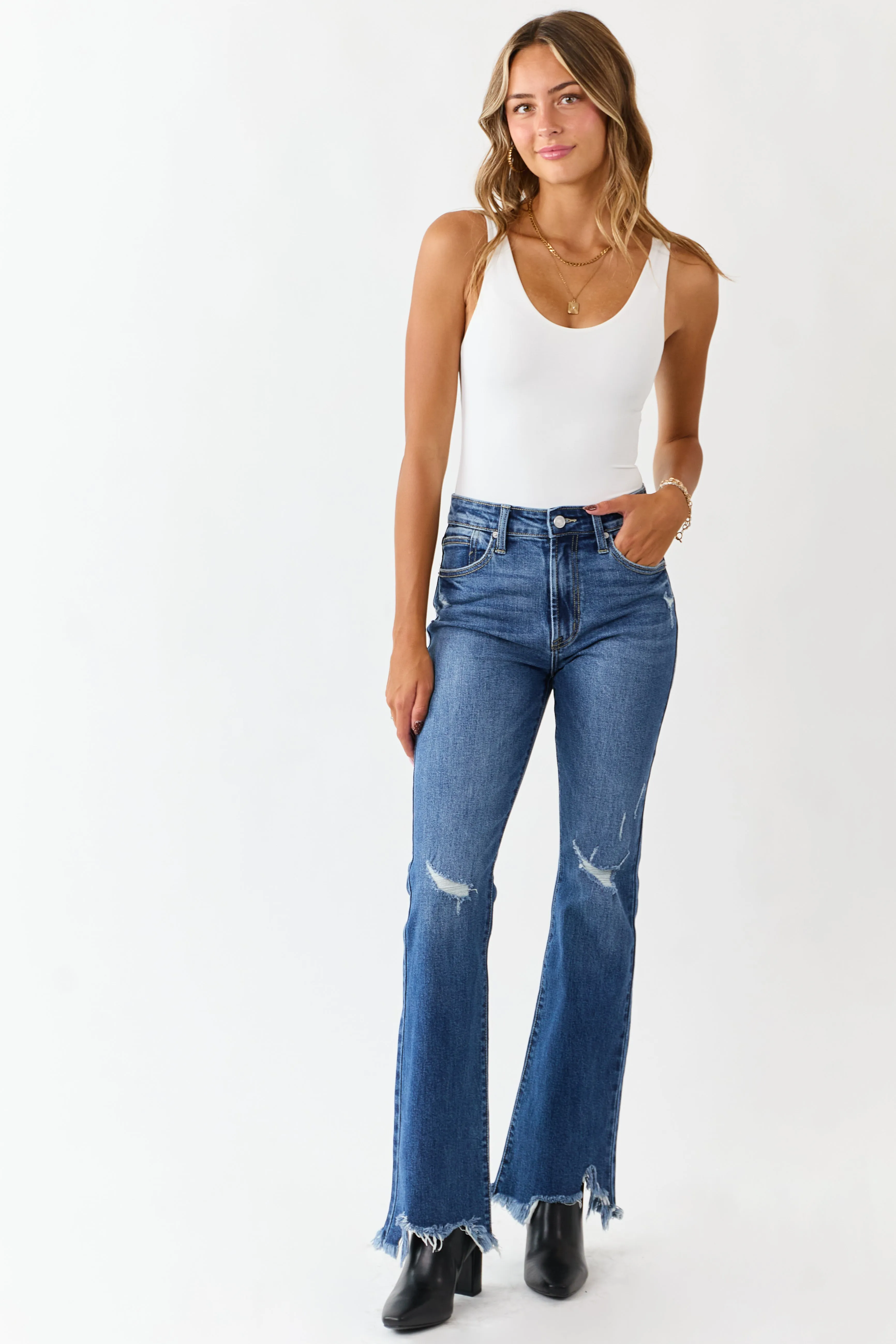 KanCan Medium Wash Distressed High Rise Flare Jeans sold by Lime Lush product image thumbnail 2