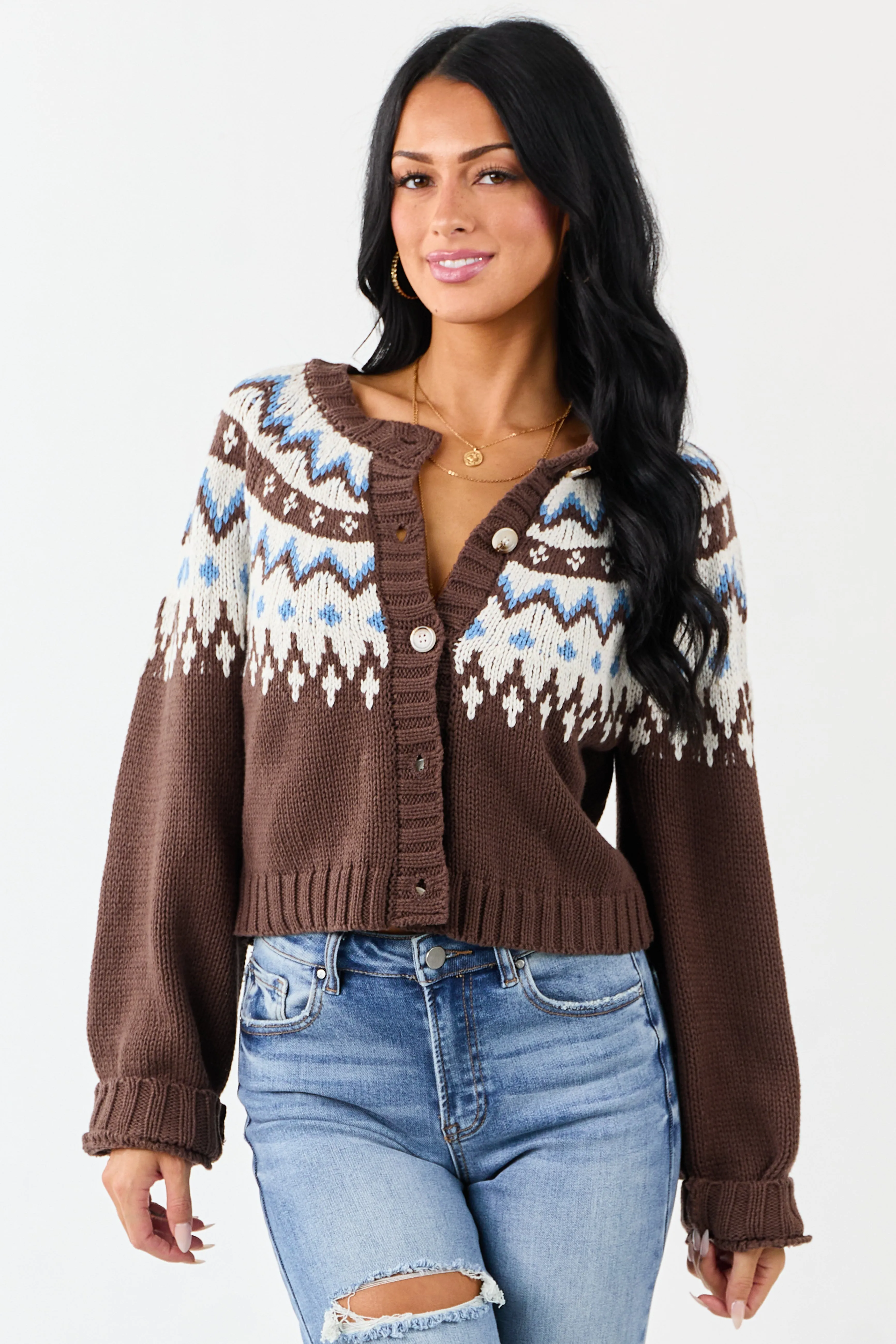 Cocoa Fair Isle Print Button Down Cardigan sold by Lime Lush