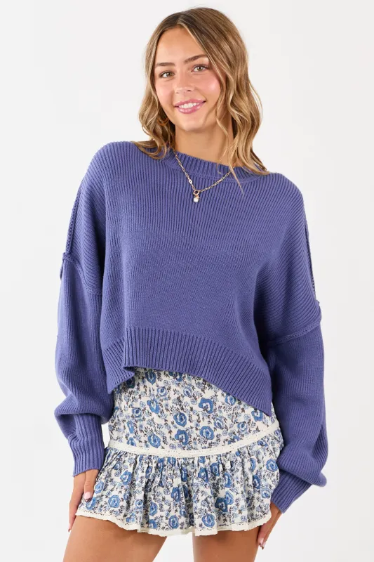Dusty Blue Boxy Drop Shoulder Crop Rib Knit Sweater sold by Lime Lush