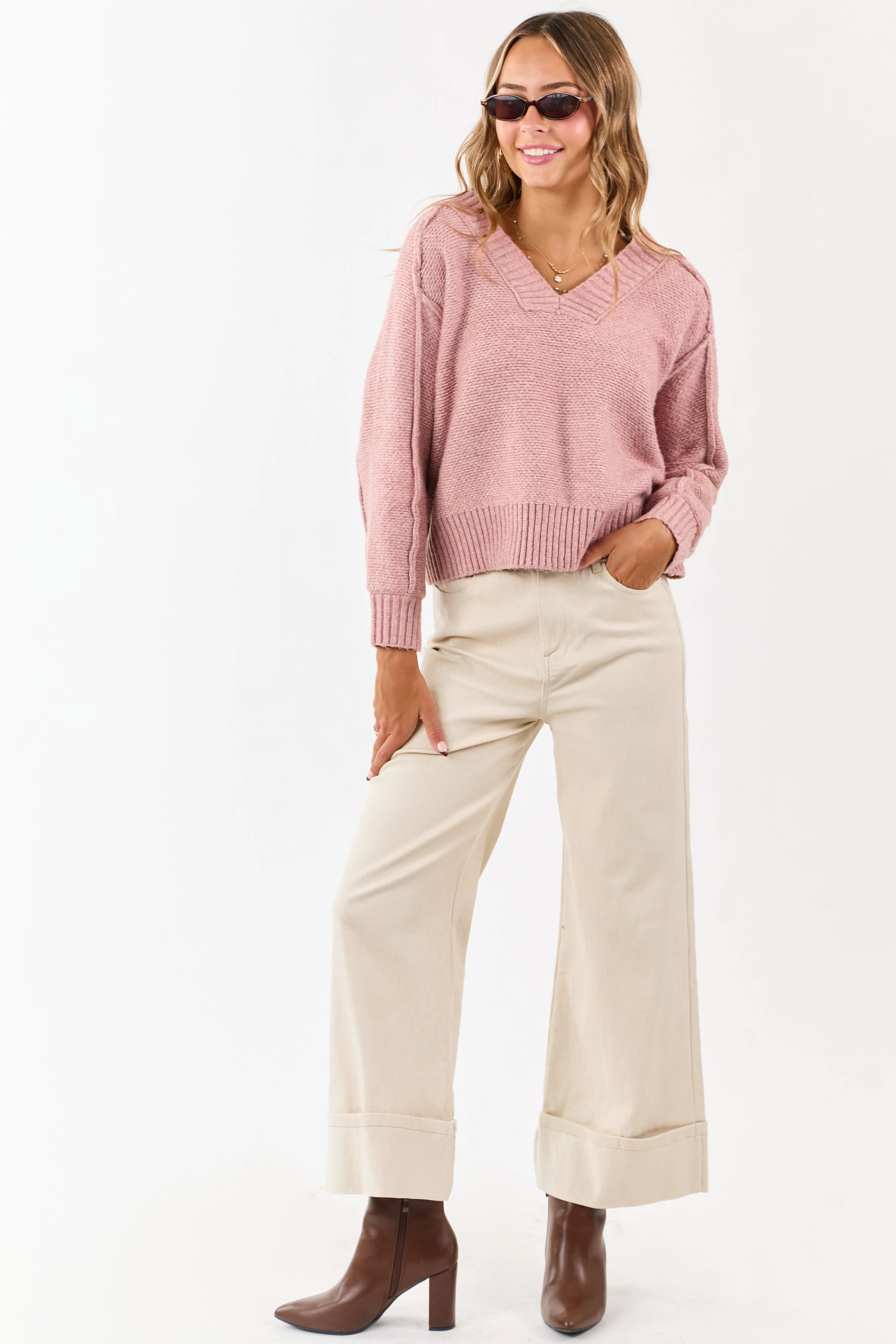Dusty Rose V-Neck Ribbed Trim Relaxed Sweater sold by Lime Lush product image thumbnail 3