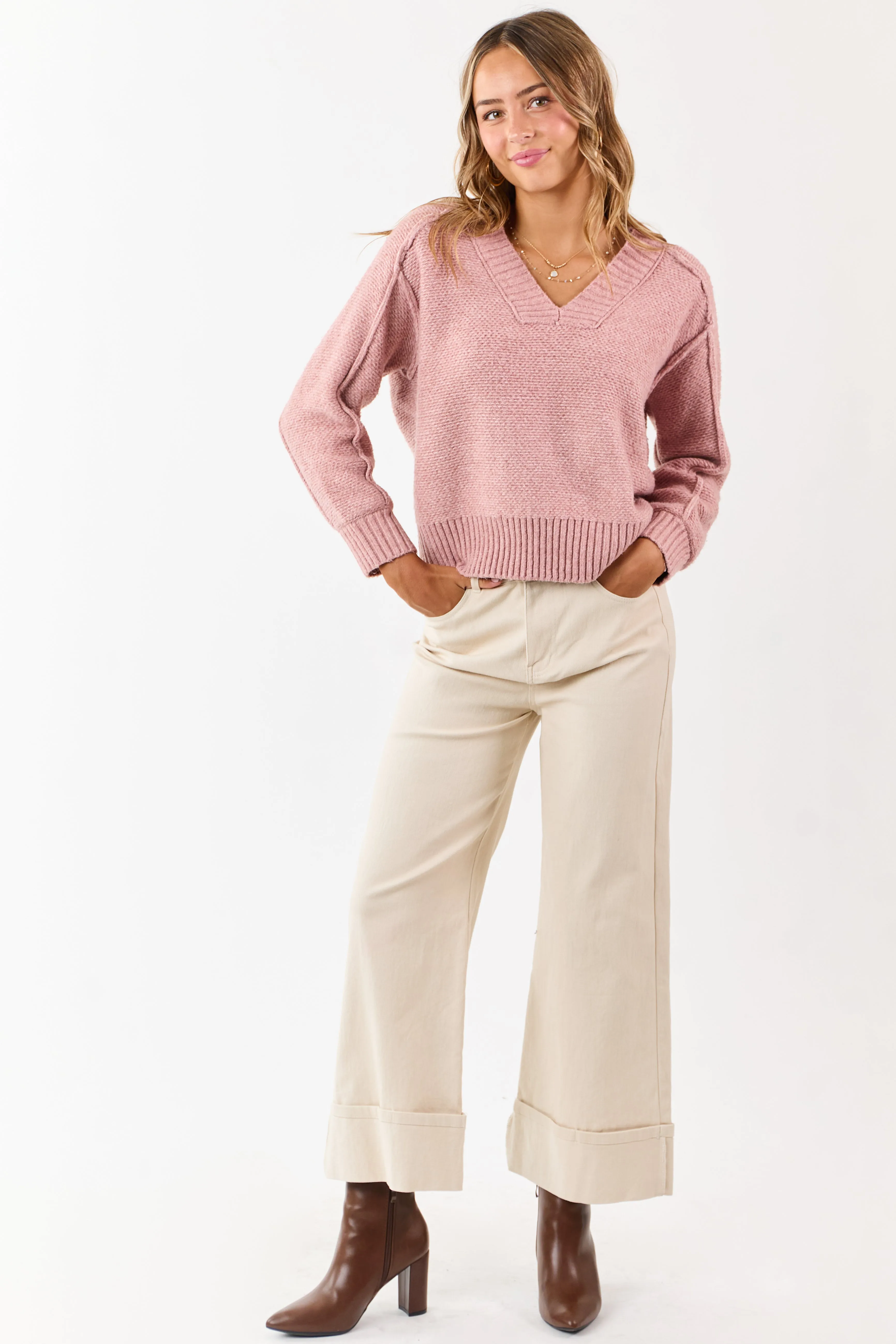 Dusty Rose V-Neck Ribbed Trim Relaxed Sweater sold by Lime Lush product image thumbnail 2