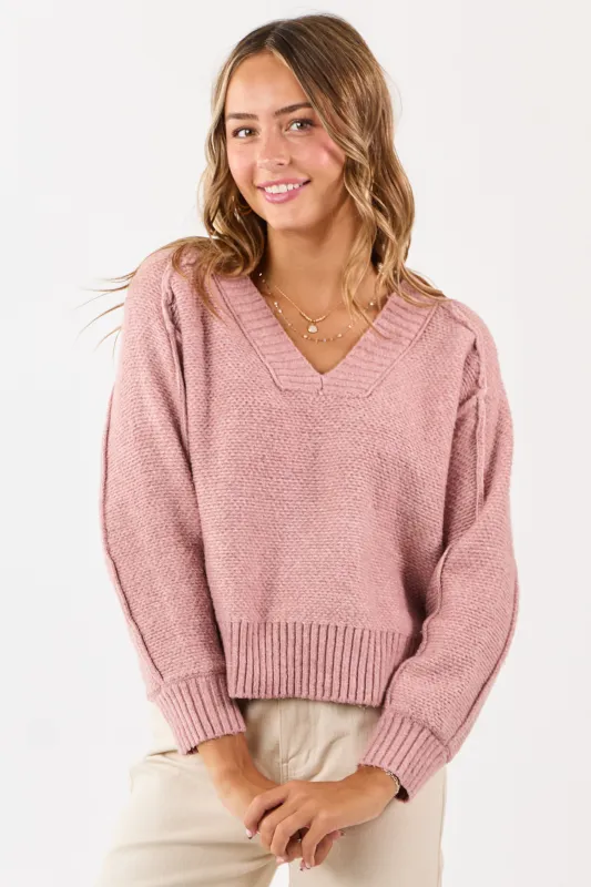 Dusty Rose V-Neck Ribbed Trim Relaxed Sweater sold by Lime Lush
