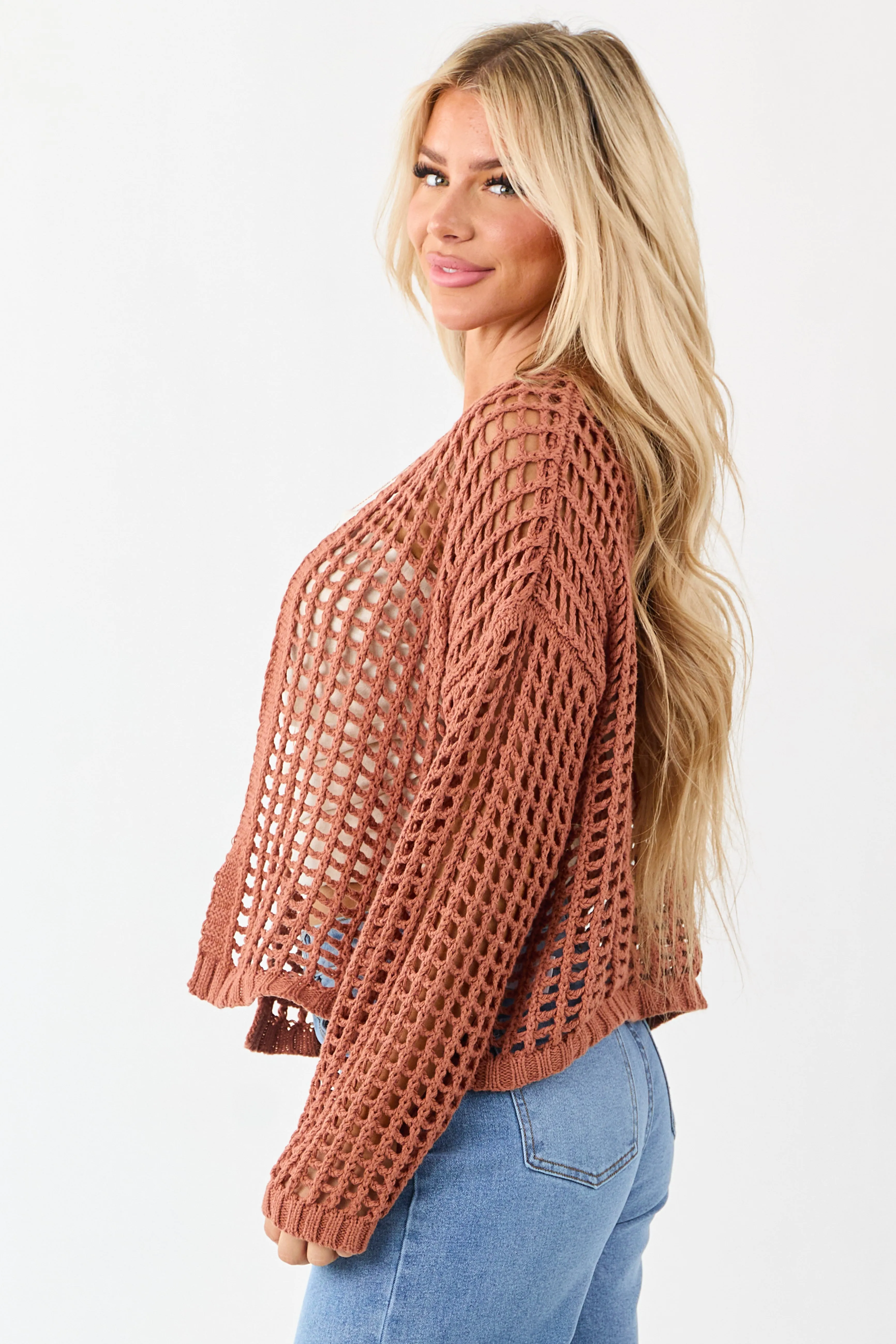 Terracotta Crochet Knit Open Front Cardigan sold by Lime Lush product image thumbnail 4