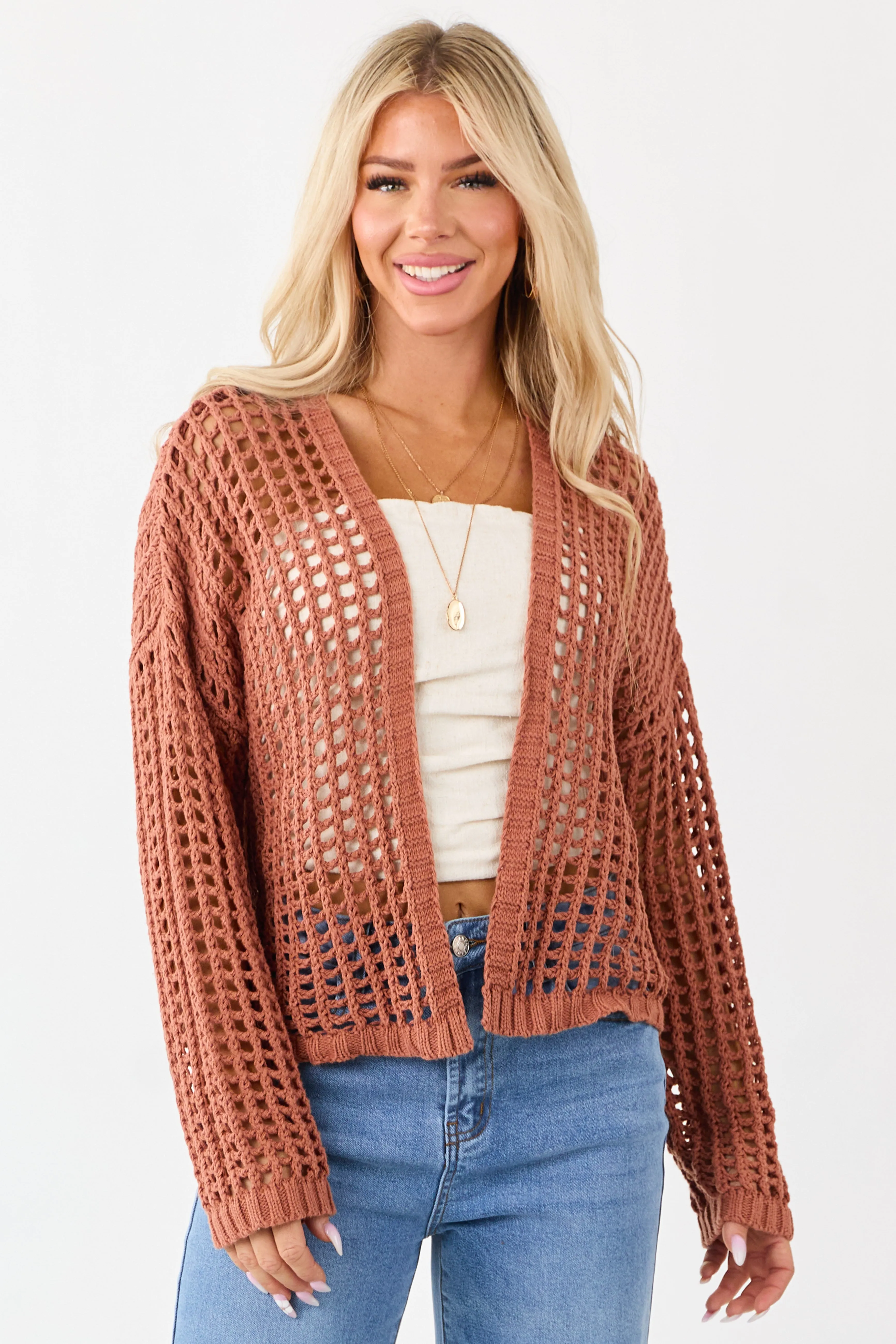 Terracotta Crochet Knit Open Front Cardigan sold by Lime Lush