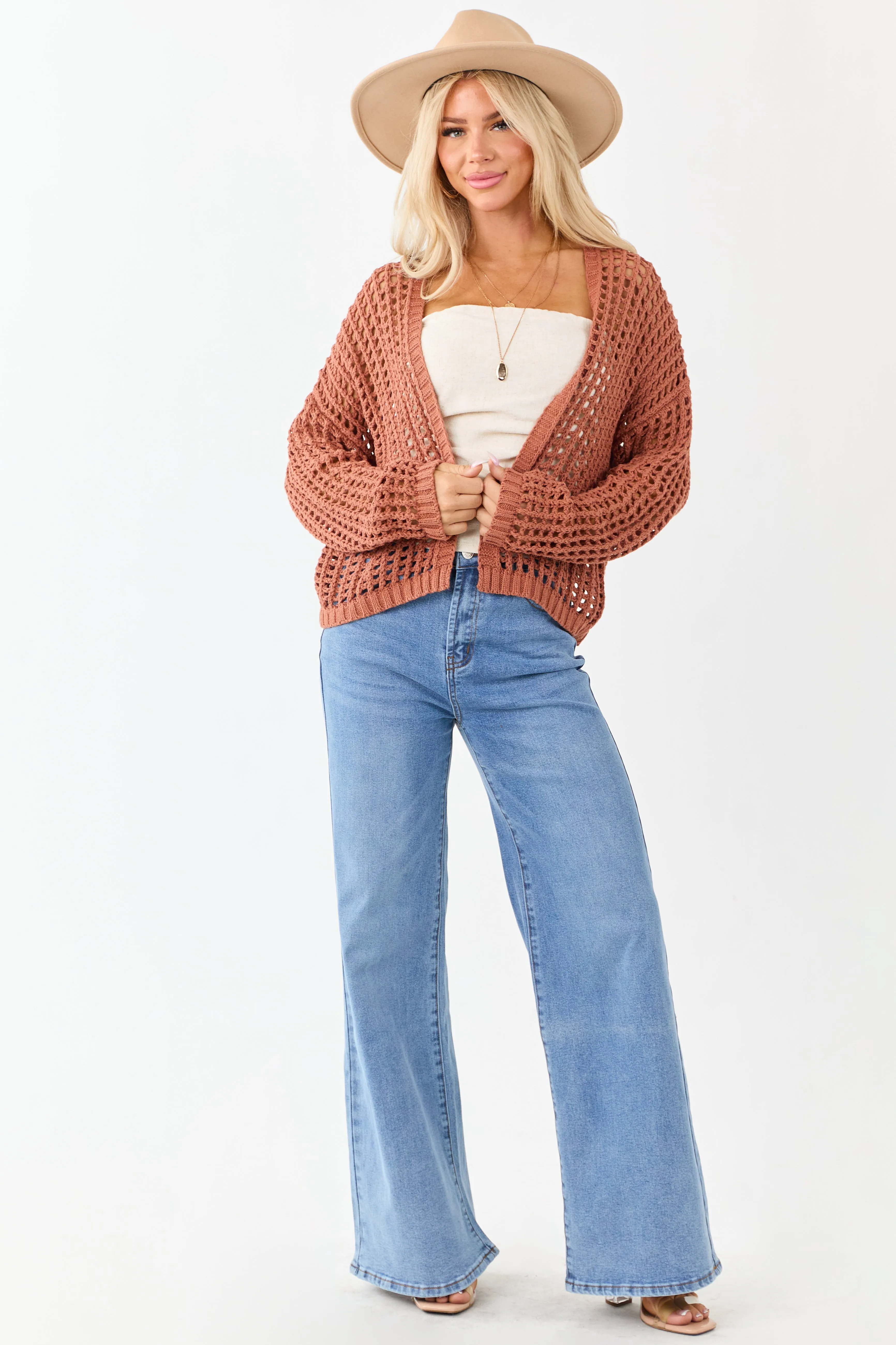 Terracotta Crochet Knit Open Front Cardigan sold by Lime Lush product image thumbnail 2