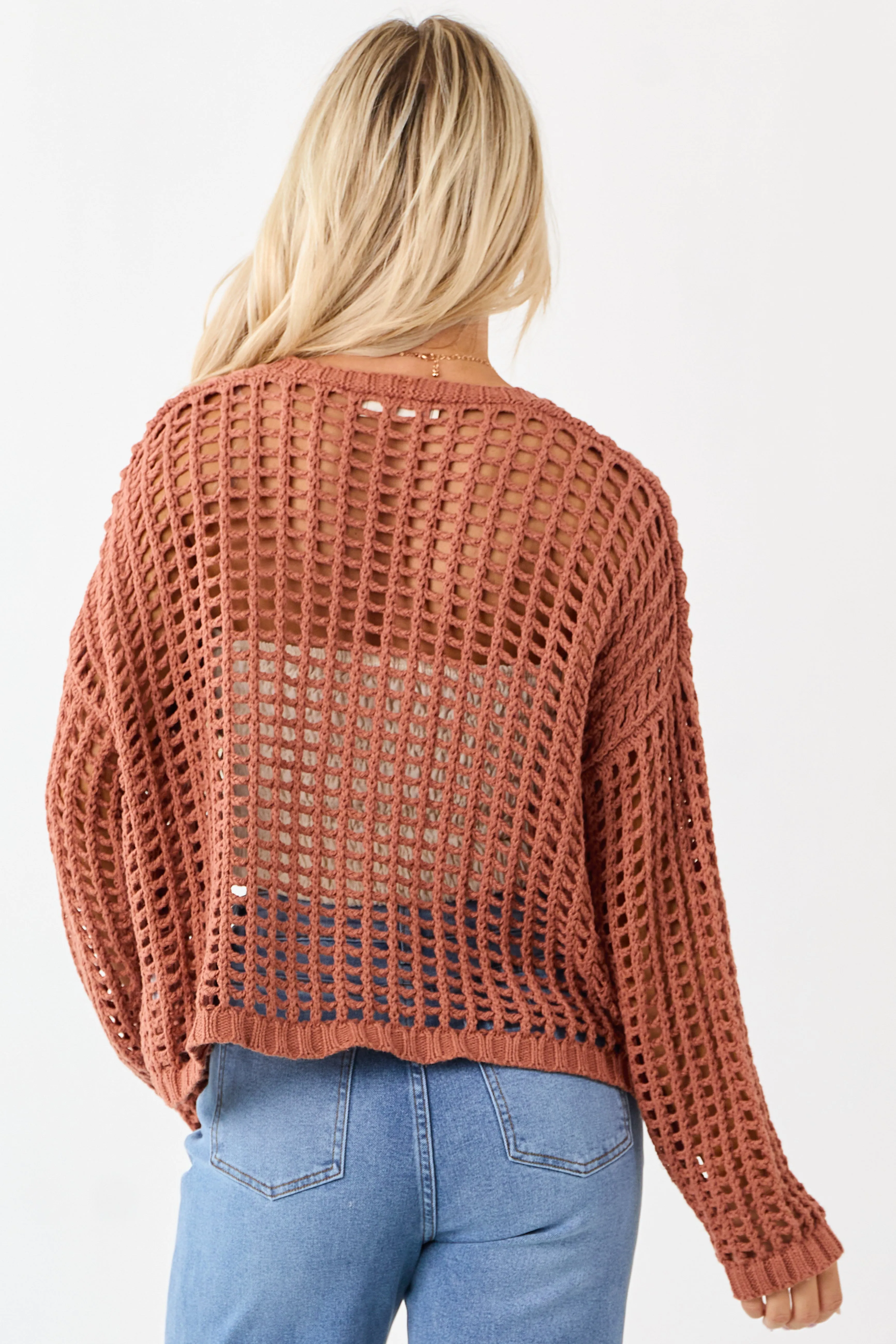 Terracotta Crochet Knit Open Front Cardigan sold by Lime Lush product image thumbnail 5
