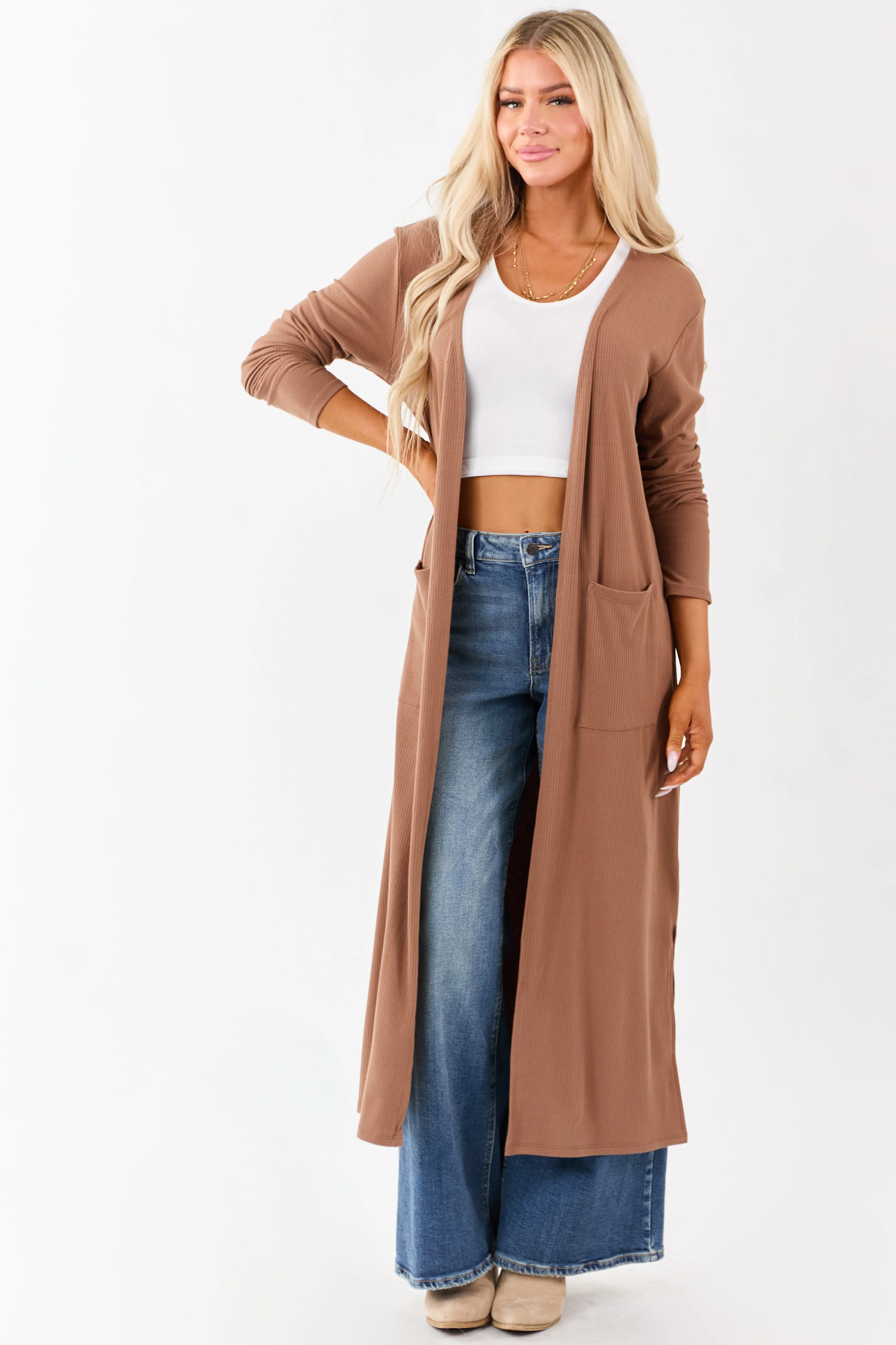 Chestnut Open Front Rib Knit Duster Cardigan sold by Lime Lush