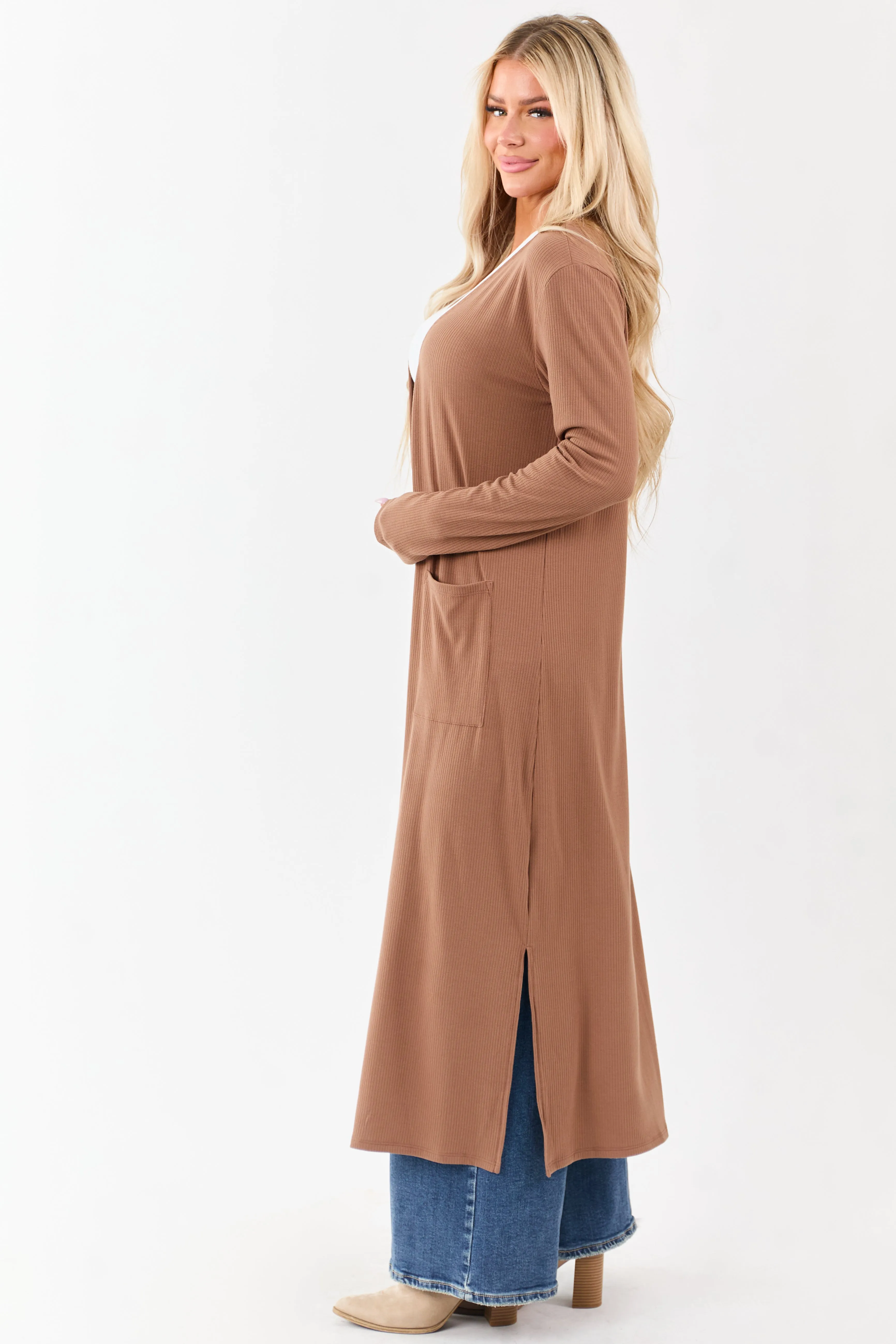 Chestnut Open Front Rib Knit Duster Cardigan sold by Lime Lush product image thumbnail 4