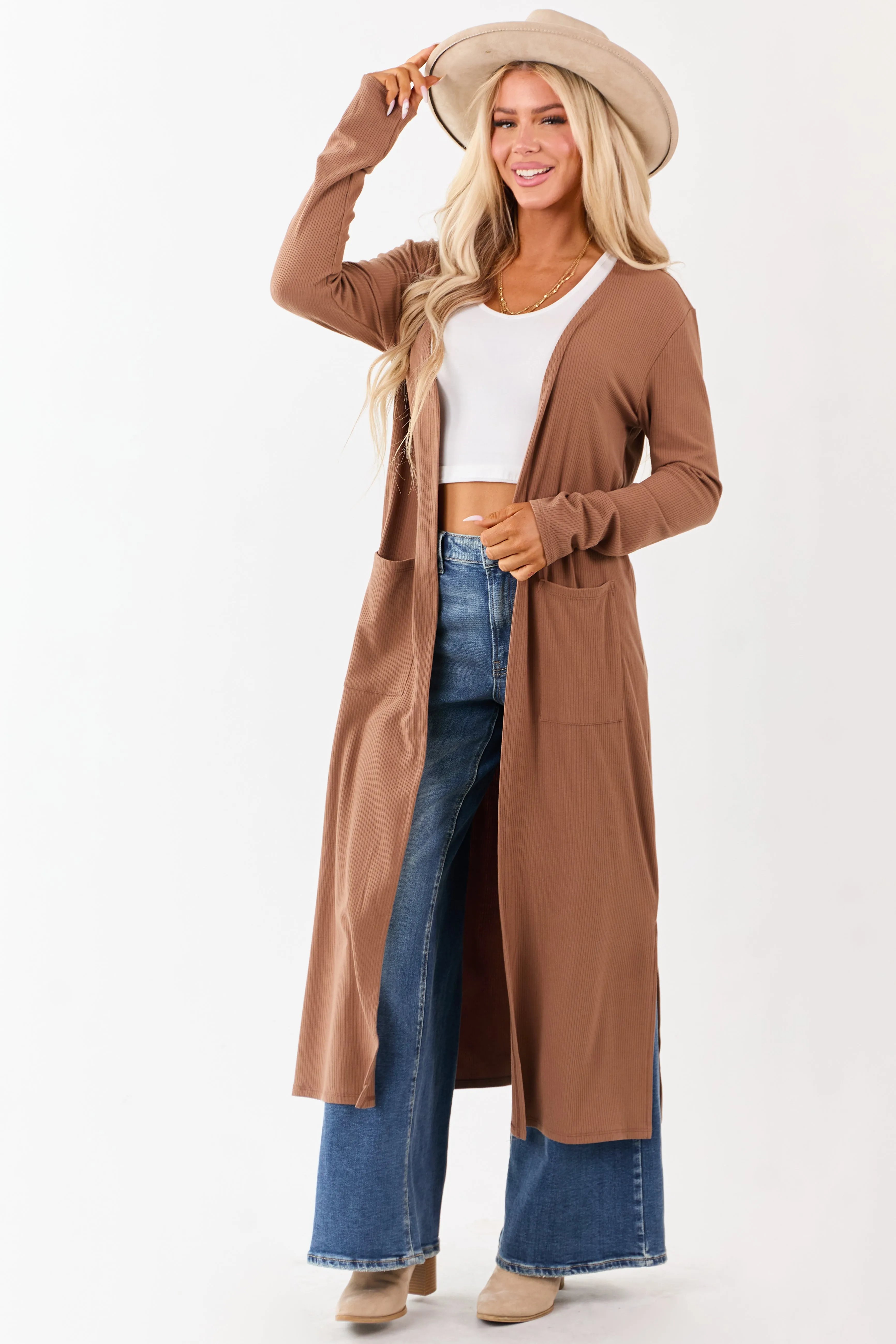 Chestnut Open Front Rib Knit Duster Cardigan sold by Lime Lush product image thumbnail 3